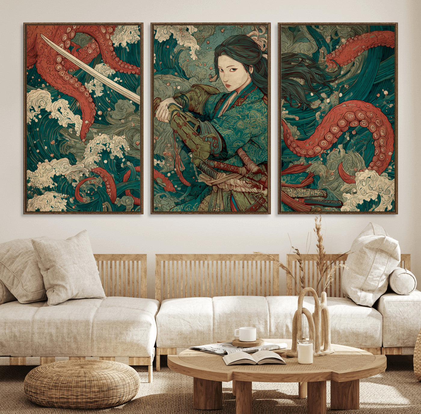 35461724-MGV-FC-60X30-3P_Walnut-Samurai Woman vs Octopus Wall Art – Japanese Ukiyo-e Ocean Waves Canvas Print, Red Tentacle Battle Artwork for Living Room,