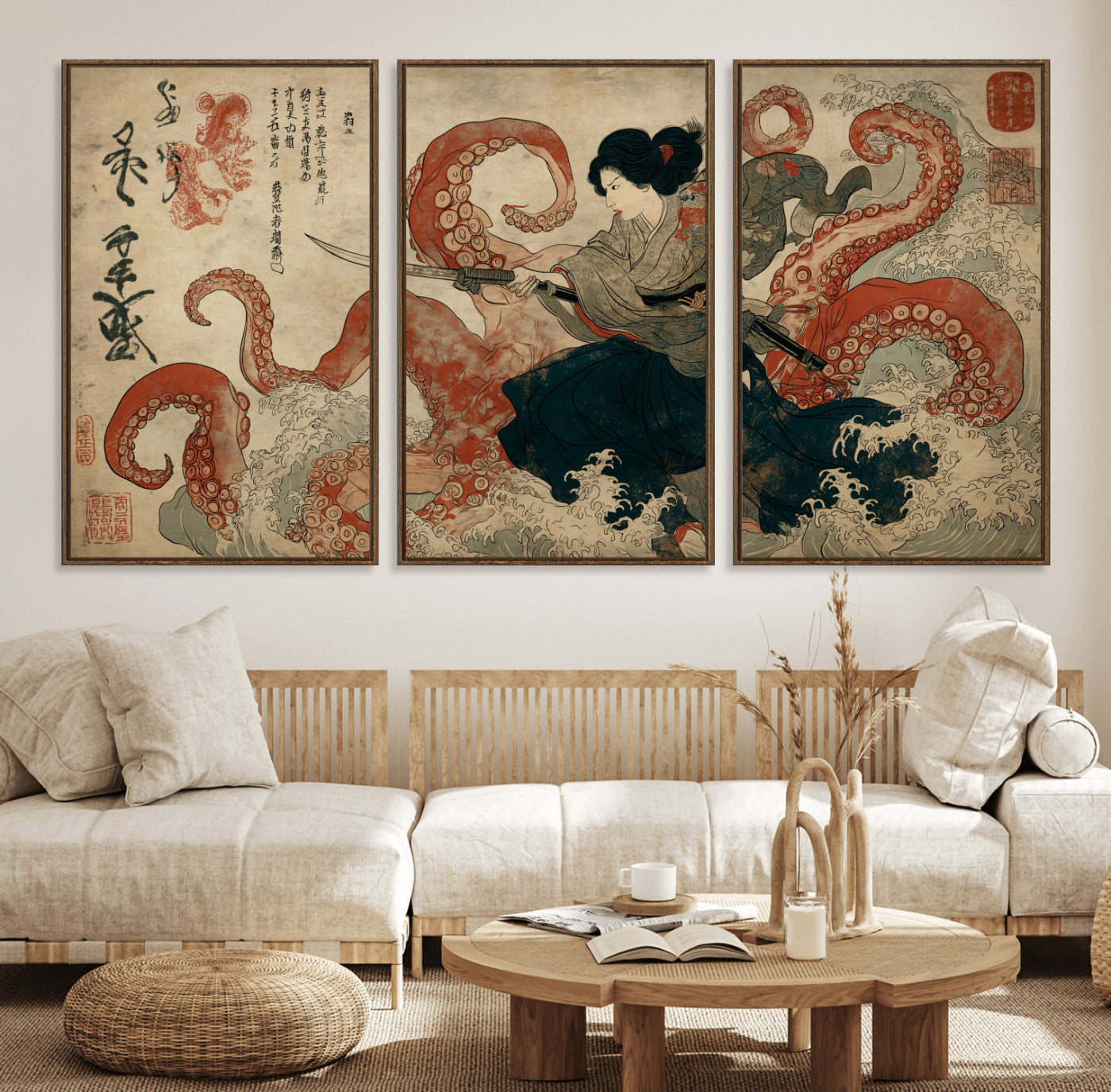 82737246-MGV-FC-60X30-3P_Walnut-Samurai Woman vs Octopus Wall Art – Japanese Ukiyo-e Dual Sword Canvas Print, Red Tentacle Ocean Battle Artwork for Living Room,