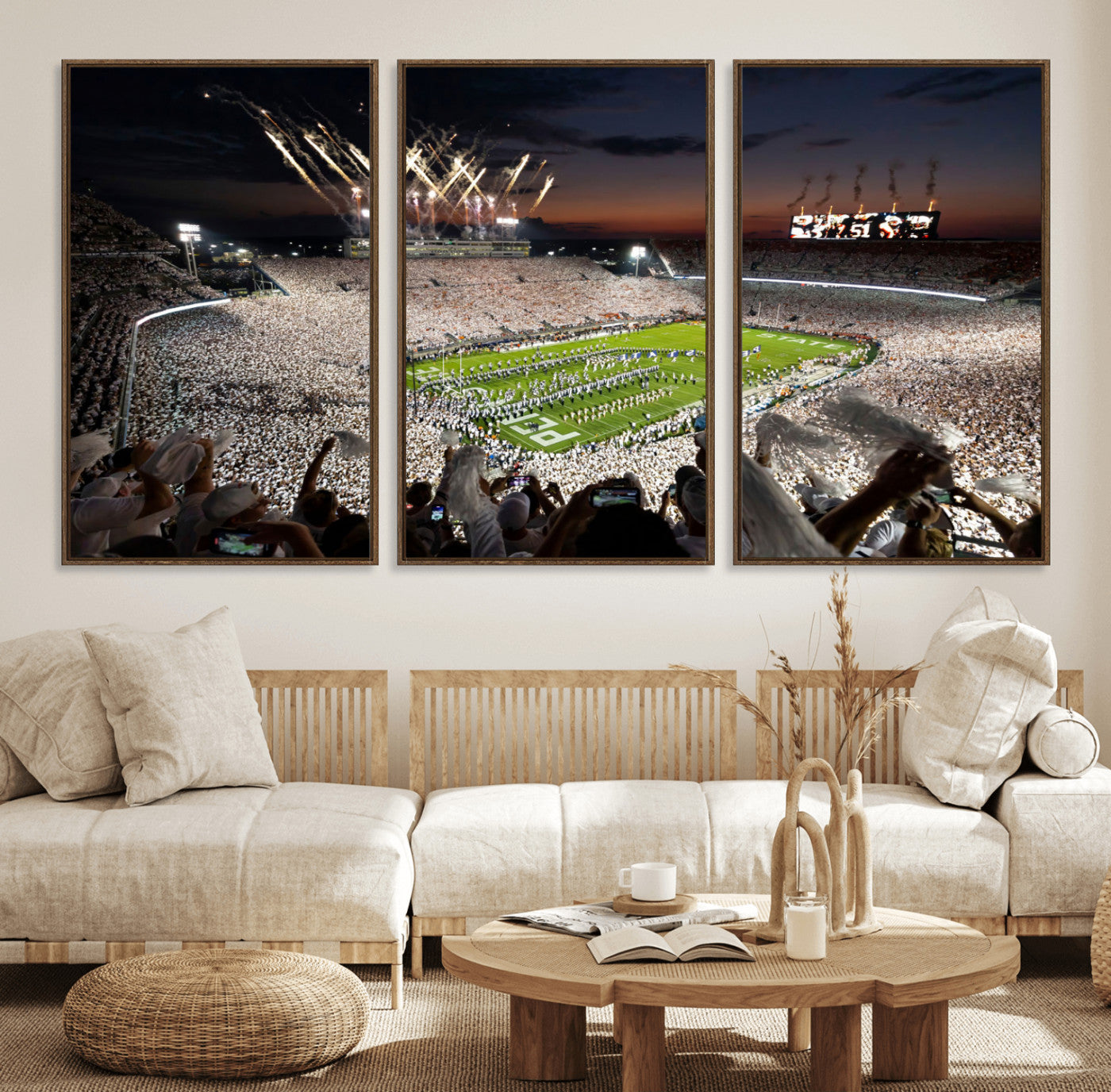 Penn-MGV-FC-60X30-3P_Walnut-Football Stadium Wall Art – Panoramic Night Game Canvas Print, Packed Crowd with Fireworks, Sports Decor for Office, Man Cave, Bar