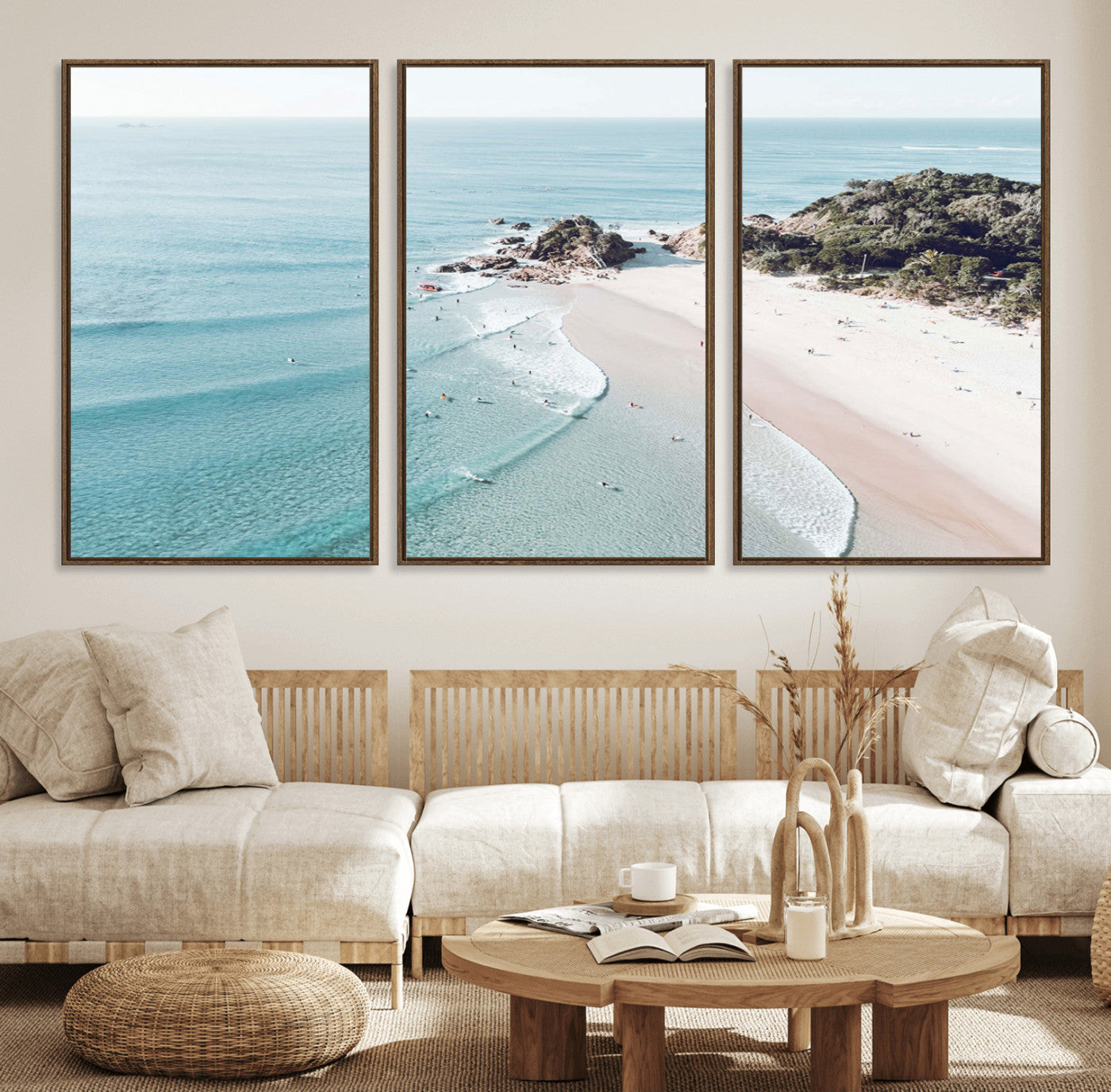 79395467-MGV-FC-60X30-3P_Walnut-Coastal Wall Art – Aerial Beach Canvas Print, Ocean Waves and Sandy Shore Photography Decor for Bedroom, Living Room, Office,