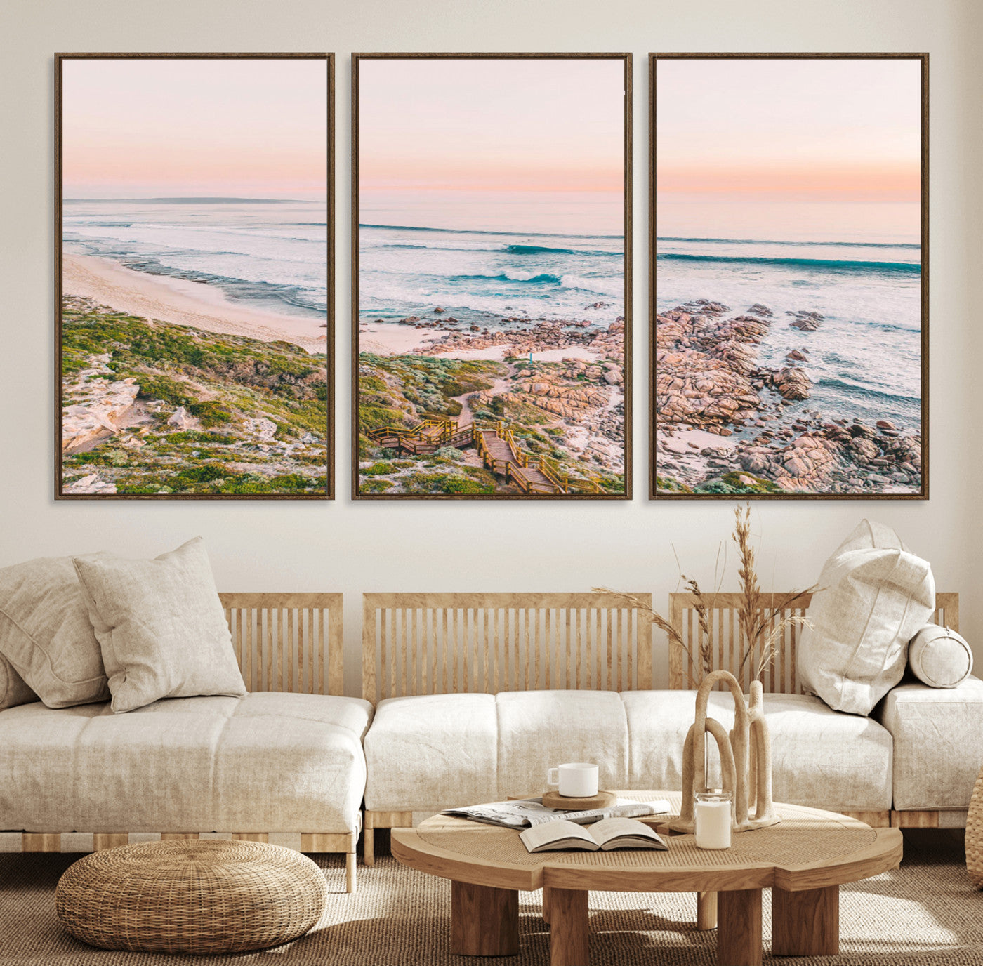 27332135-MGV-FC-60X30-3P_Walnut-Coastal Sunset Wall Art – Ocean Waves and Rocky Shore Canvas Print, Scenic Seaside Photography Decor for Bedroom, Living Room,