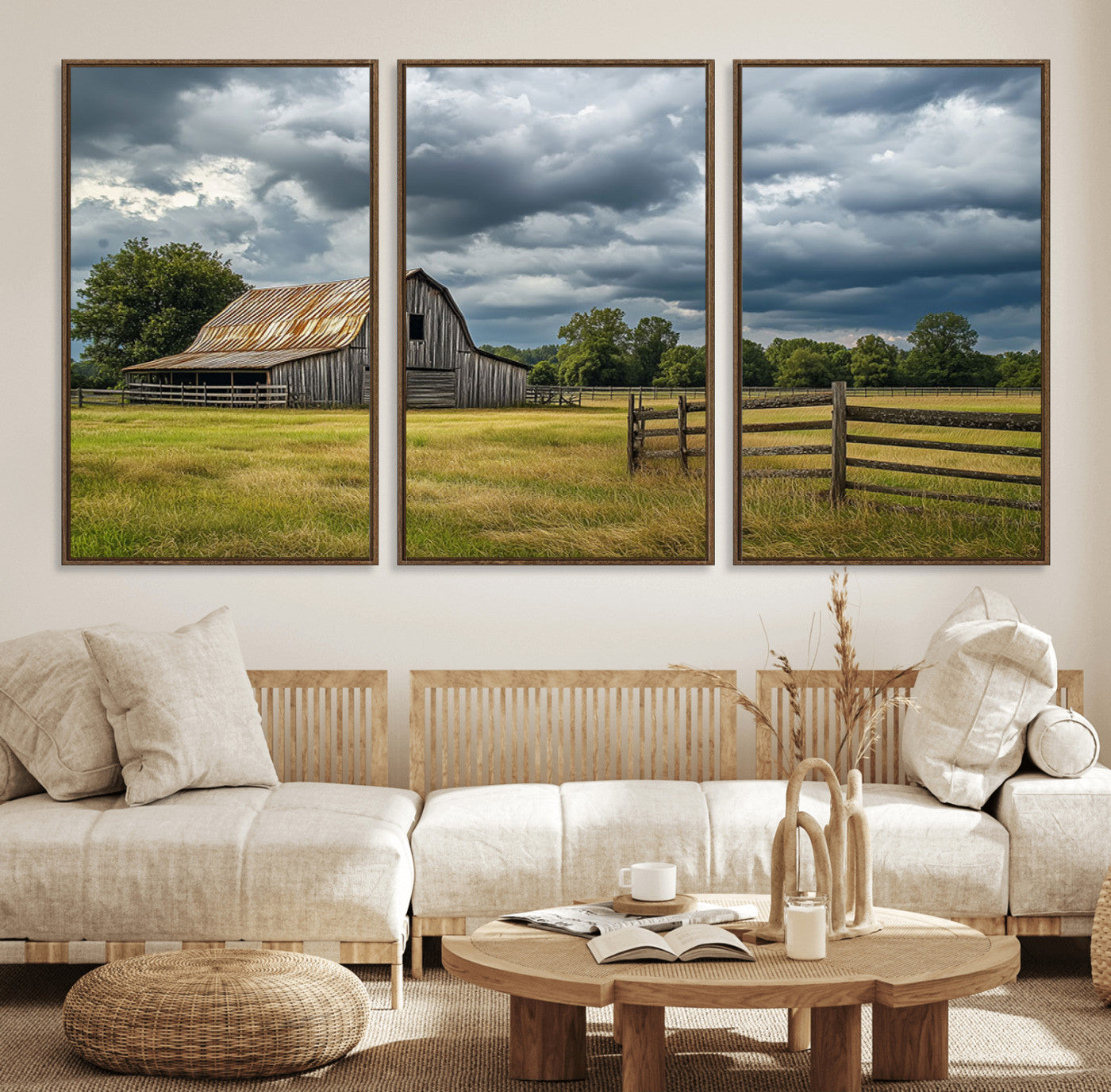 39409517-MGV-FC-60X30-3P_Walnut-Rustic Barn Wall Art – Weathered Farmhouse and Storm Clouds Canvas Print, Country Landscape Photography Decor for Bedroom, Living