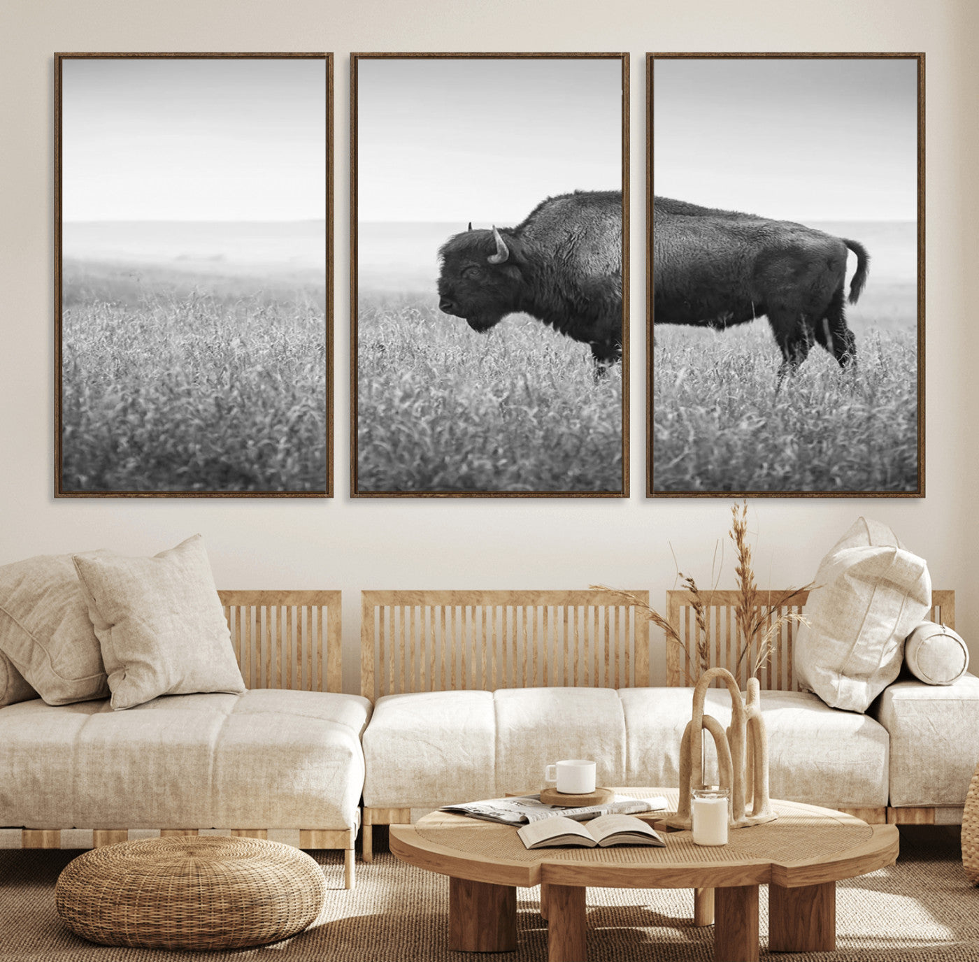90861202-MGV-FC-60X30-3P_Walnut-Black and White Bison Canvas Wall Art – Rustic American Buffalo Print, Western Wildlife Photography for Farmhouse, Cabin, Office