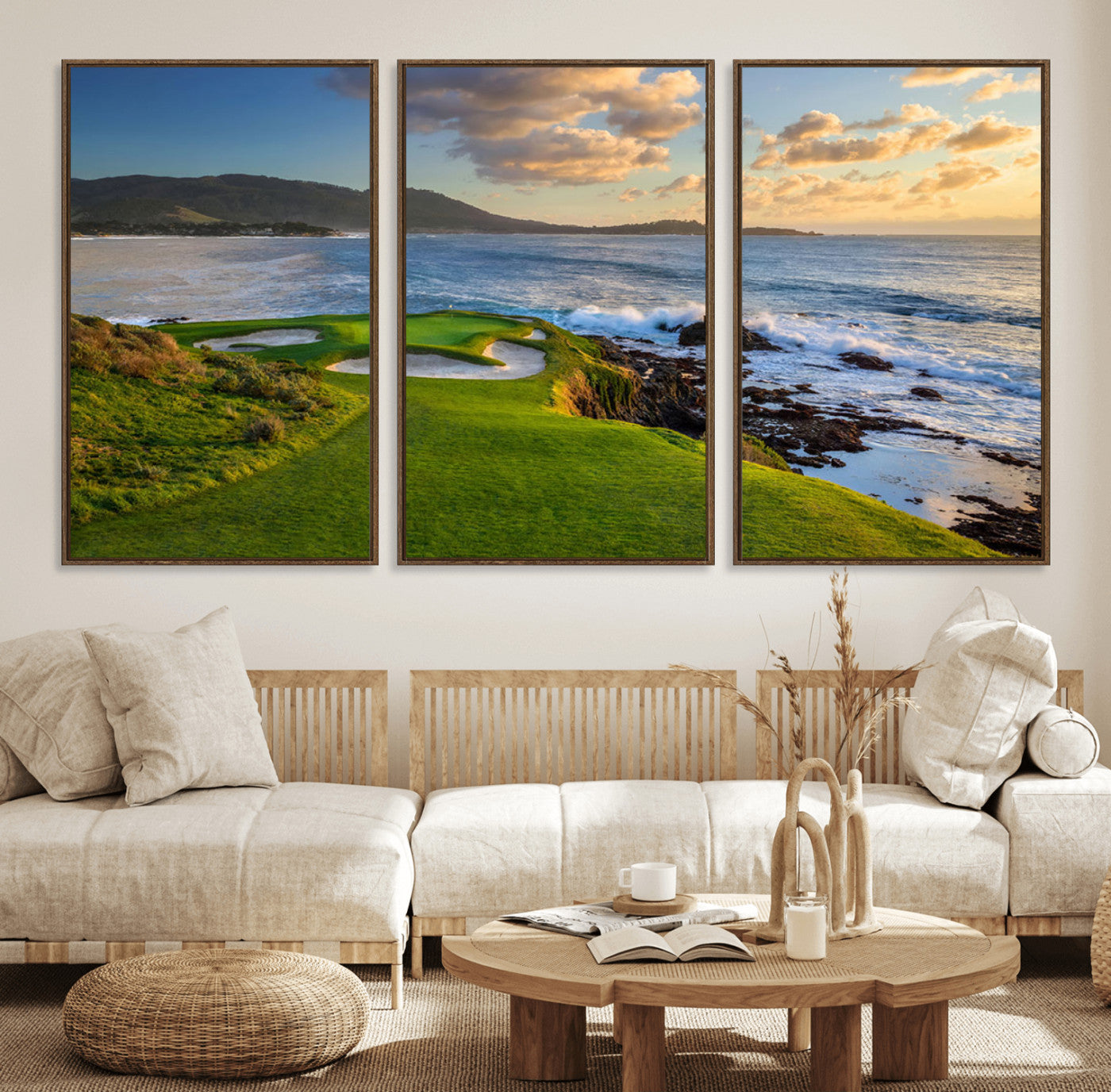 67486665-MGV-FC-60X30-3P_Walnut-Golf Course Wall Art – Pebble Beach Oceanfront Canvas Print, Coastal Fairway Photography Sports Decor for Living Room, Office, Man