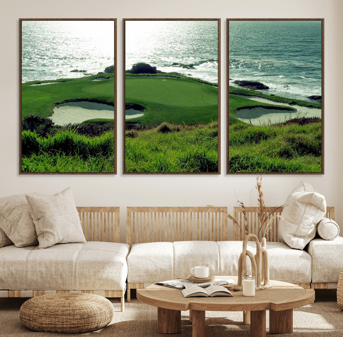 48473947-MGV-FC-60X30-3P_Walnut-Ocean Golf Course Wall Art – Panoramic Green Fairway Canvas Print, Coastal Golf Landscape Photography Sports Decor for Office, Man