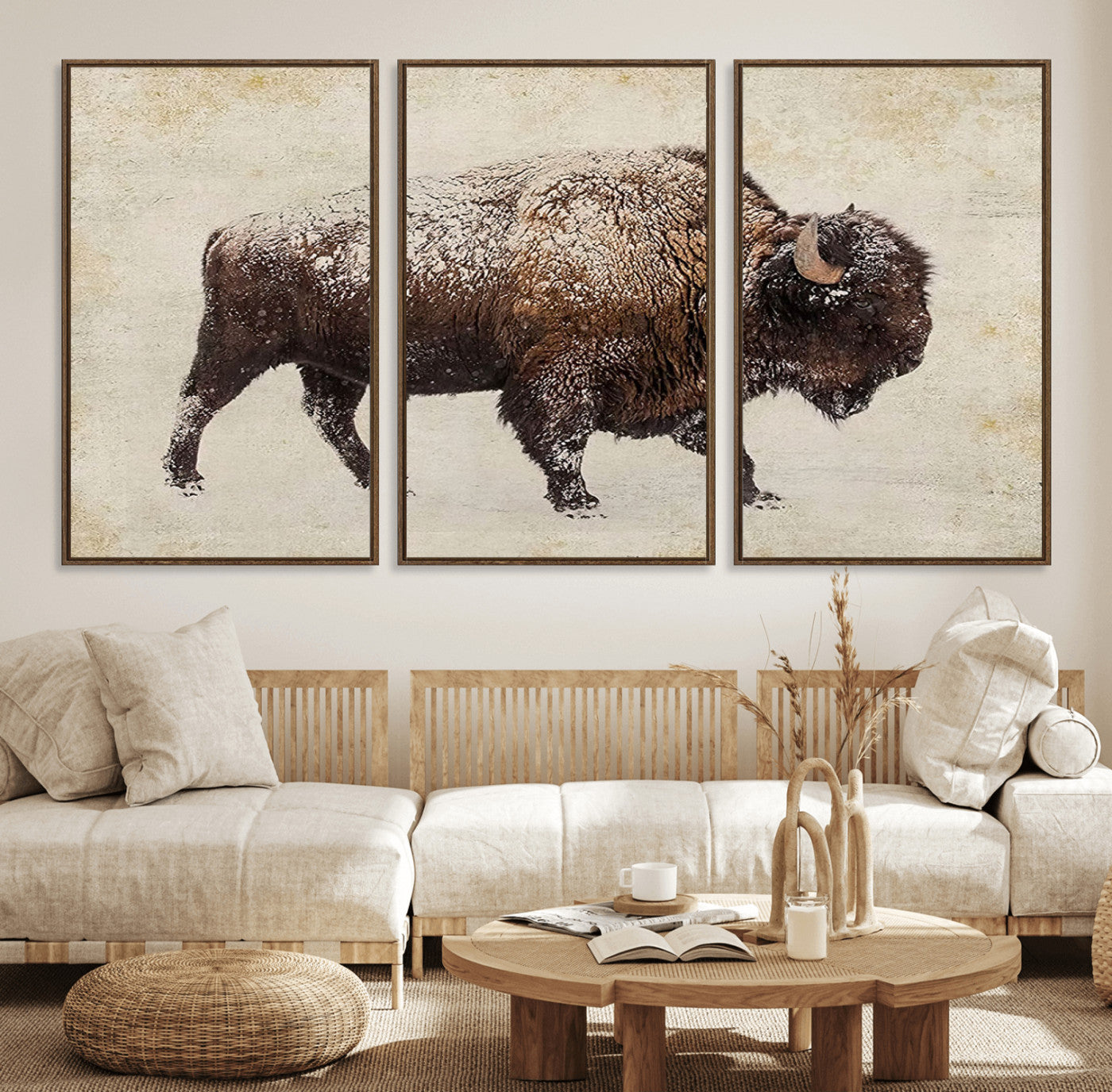 54810031-MGV-FC-60X30-3P_Walnut-Western Wall Art – Snow Covered Bison Canvas Print, Rustic Wildlife Photography Decor for Bedroom, Living Room, Office, Lodge,