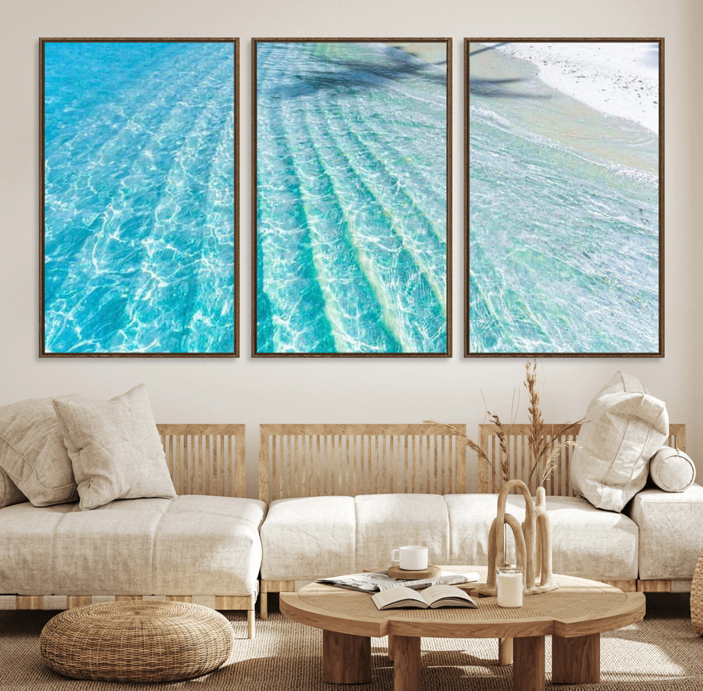 46233906-MGV-FC-60X30-3P_Walnut-Coastal Wall Art – Turquoise Ocean Waves and White Sand Canvas Print, Tropical Beach Photography Decor for Bedroom, Living Room,