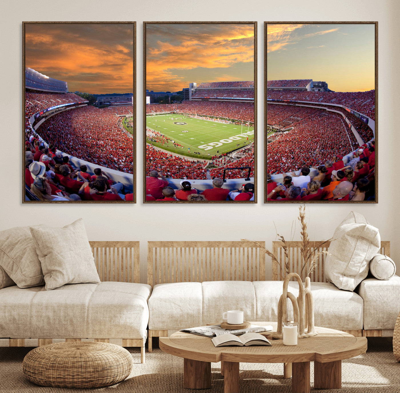73680988-MGV-FC-60X30-3P_Walnut-Sanford Stadium Wall Art – Georgia Bulldogs Football Sunset Game Canvas Print, College Sports Decor for Man Cave, Bar, Office, or