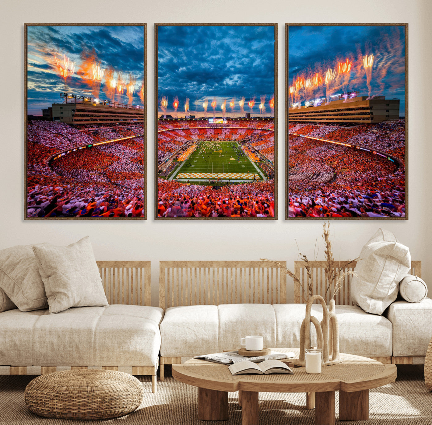 94266219-MGV-FC-60X30-3P_Walnut-Neyland Stadium Wall Art – Tennessee Volunteers Checkerboard Game Day Canvas Print, College Football Fireworks Decor for Man Cave