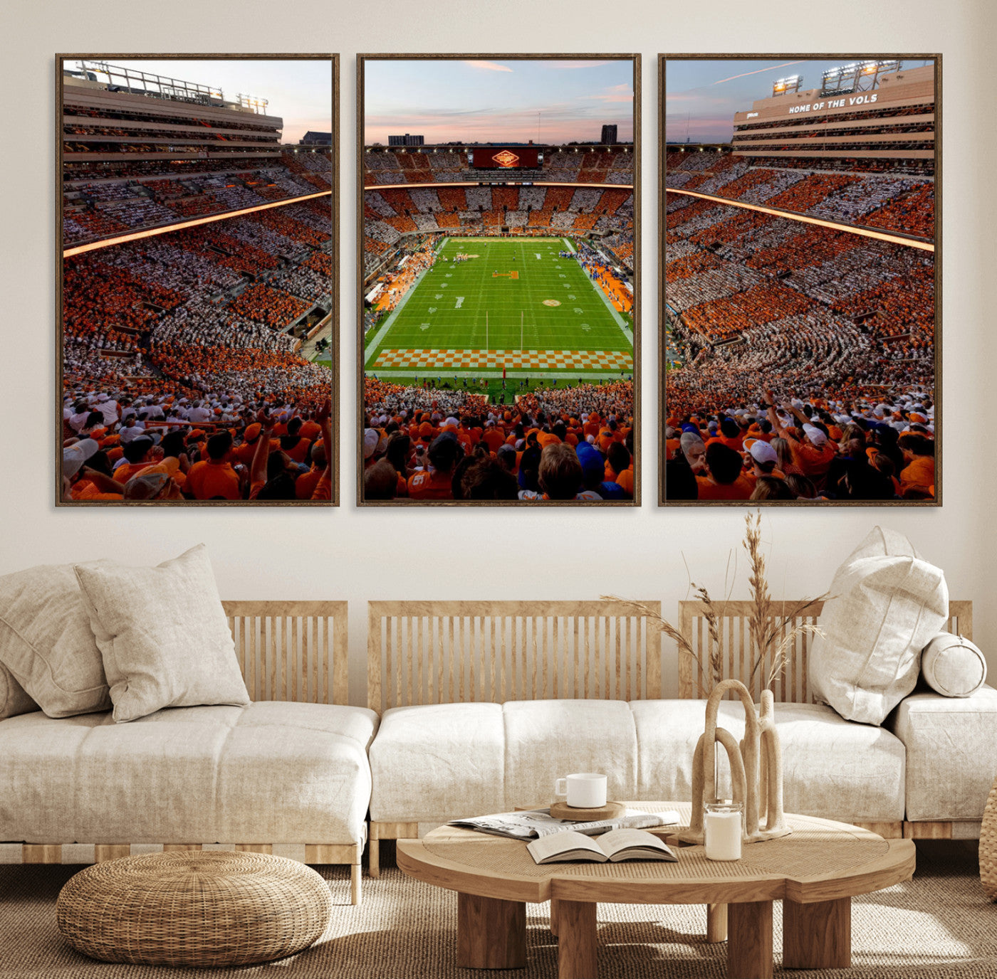 37160229-MGV-FC-60X30-3P_Walnut-Tennessee Volunteers Wall Art – Neyland Stadium Sunset Checkerboard Game Canvas Print, Vols Football Panorama Sports Decor
