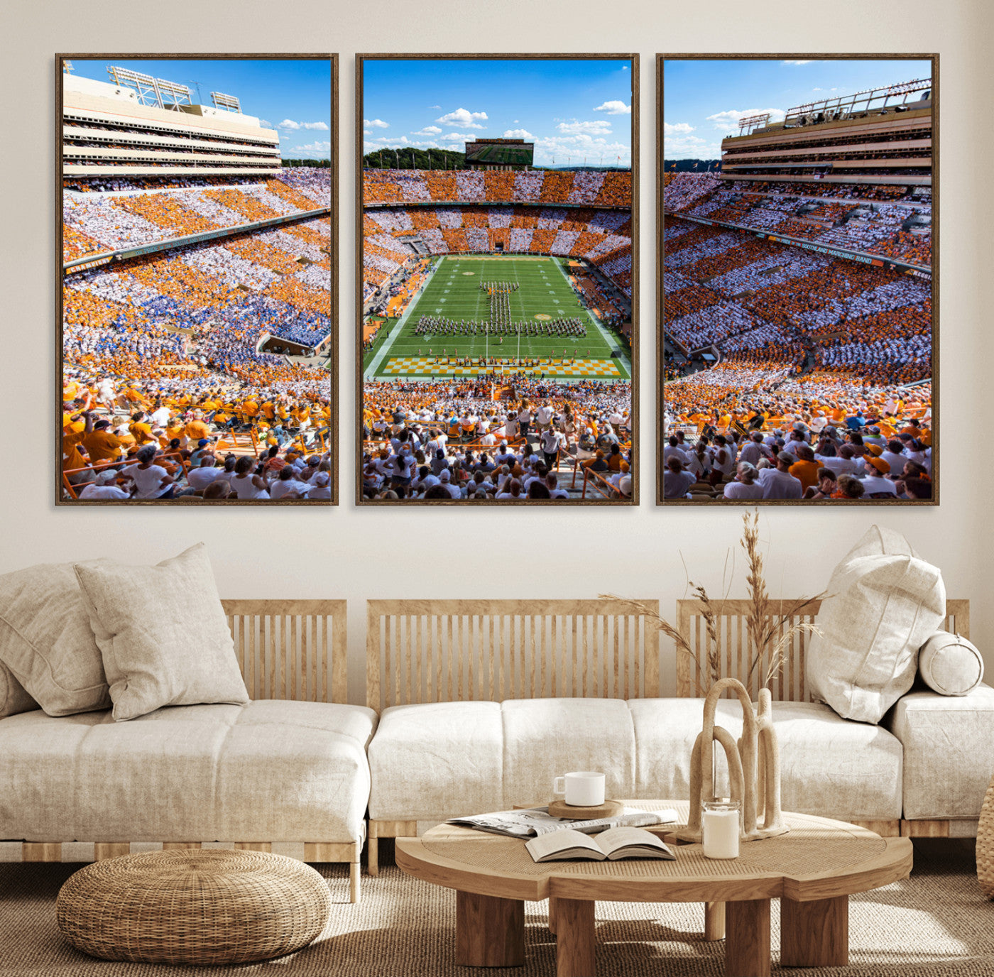 64238859-MGV-FC-60X30-3P_Walnut-Neyland Stadium Wall Art – Panoramic Tennessee Volunteers Power T Checkerboard Crowd Canvas Print, Day Game Football Band Sports