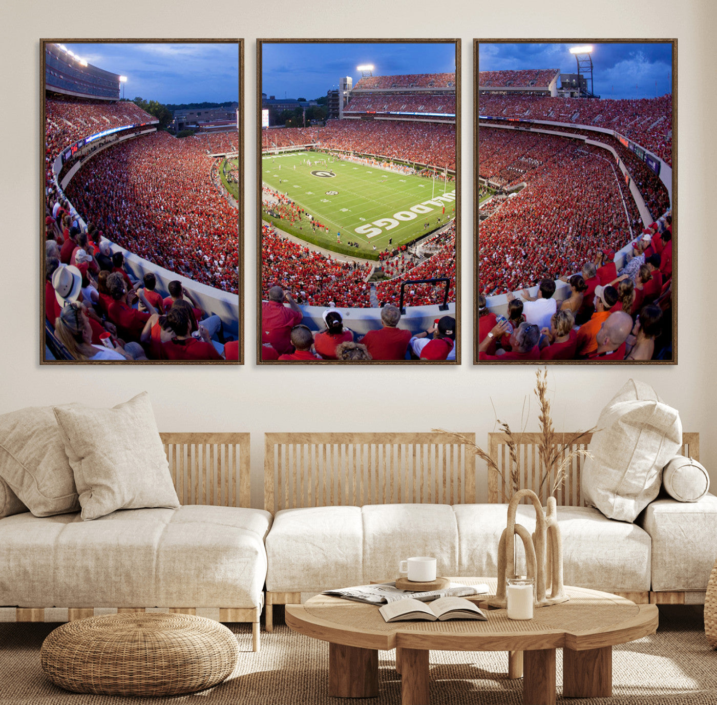 10244378-MGV-FC-60X30-3P_Walnut-Sanford Stadium Wall Art – Panoramic Georgia Bulldogs Day Game Football Canvas Print, Game Day Crowd Sports Decor for Office, Man
