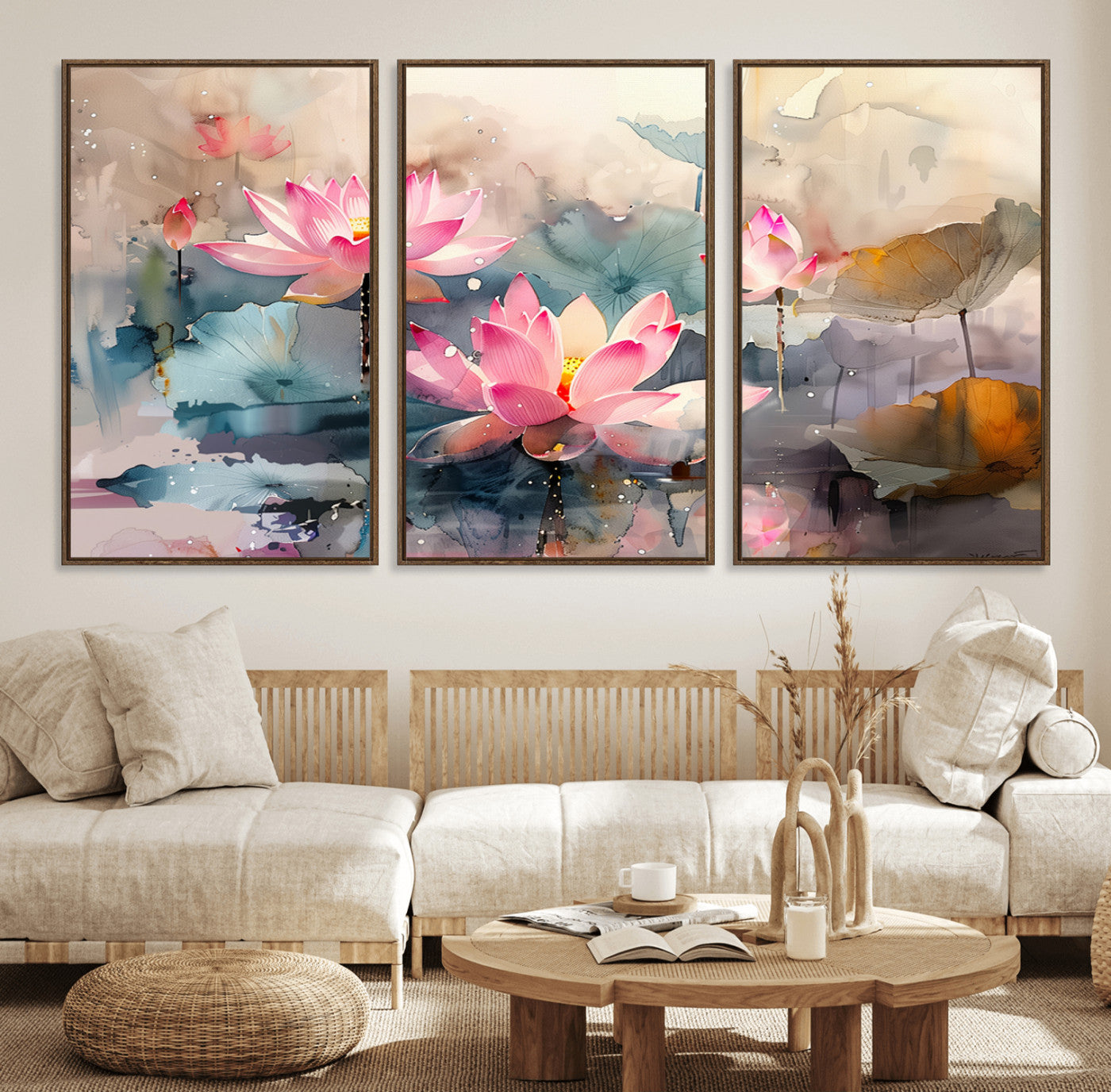 18414-MGV-FC-60X30-3P_Walnut-Pink Lotus Wall Art Canvas Print, Framed Water Lily Art Picture Print, Dreamy Floral Perfect Dreamy Botanical Decor Artwork