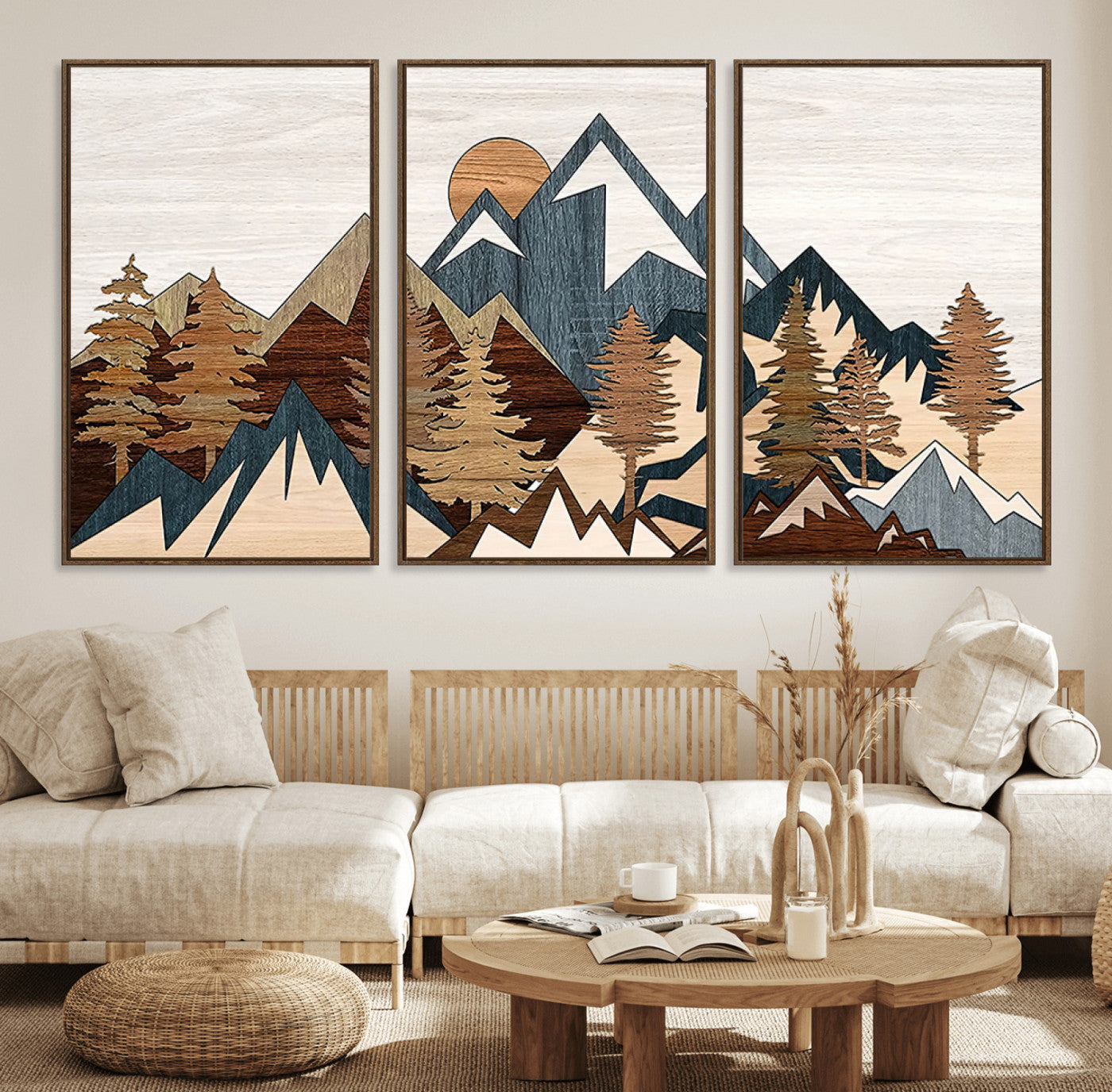 80300-MGV-FC-60X30-3P_Walnut-Geometric Mountains Wall Art Canvas Print, Framed Stylized Trees Art Picture Print, Graphic Forest Perfect Rustic Abstract Decor