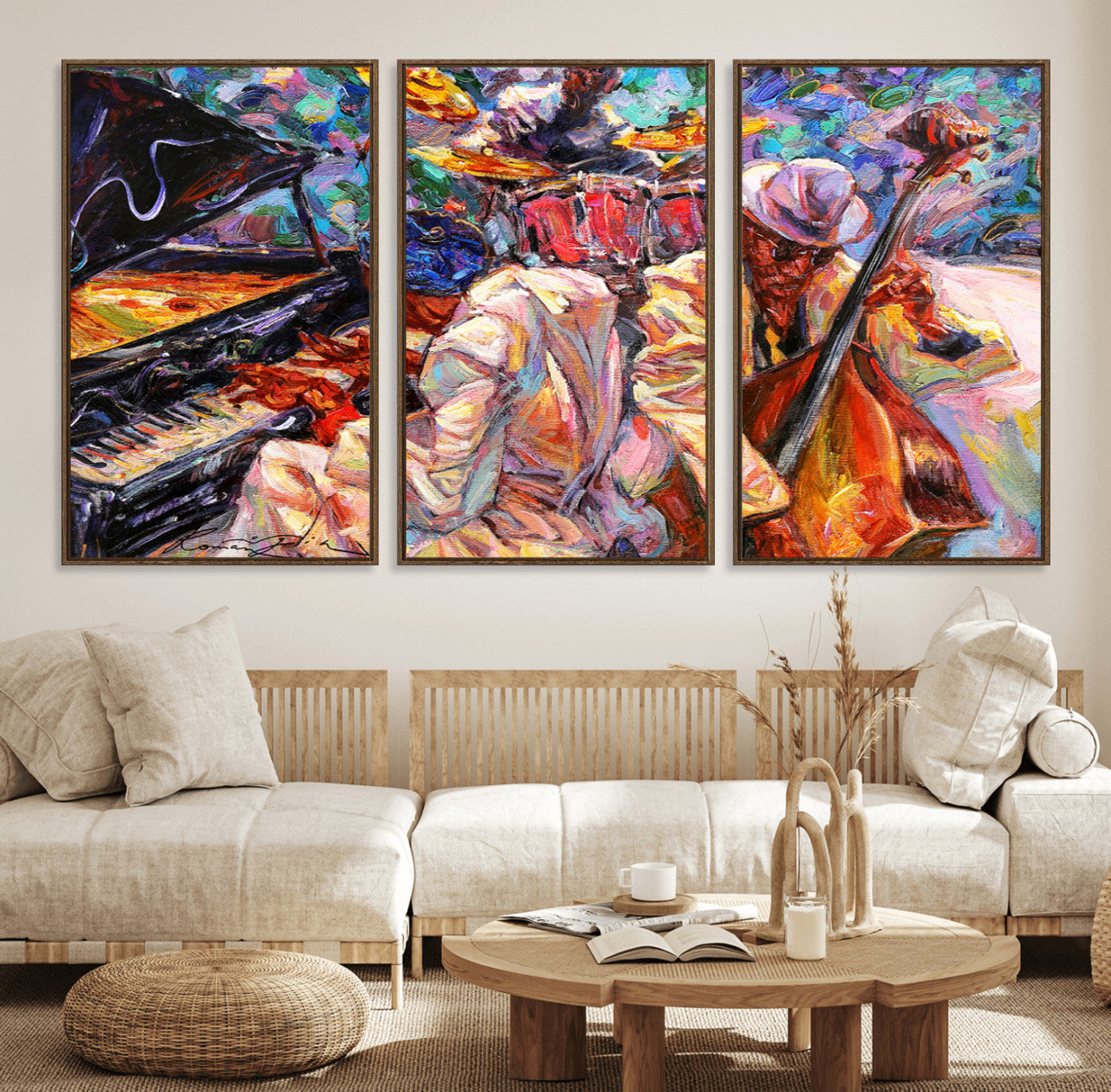 13675-MGV-FC-60X30-3P_Walnut-Jazz Band Wall Art Canvas Print, Framed Jazz Oil Painting Art Picture Print, Vibrant Music Perfect Abstract Musical Decor Artwork