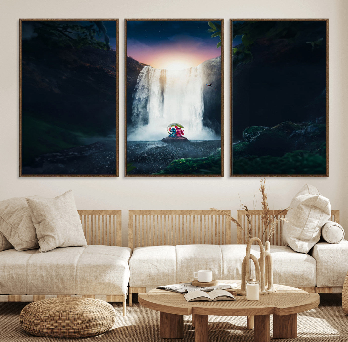 56359-MGV-CV-36X24-Lilo Stitch Wall Art Canvas Print, Framed Stitch Angel Art Picture Print, Cartoon Waterfall Perfect Tropical Fantasy Decor Artwork
