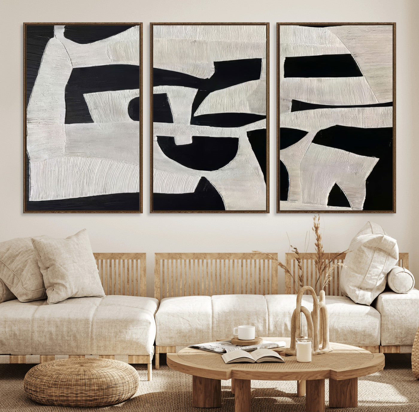 33714-MGV-FC-60X30-3P_Walnut-Monochrome Design Wall Art Canvas Print, Framed Modern Linework Art Picture Print, Textured Shapes Perfect Monochrome Modern Decor