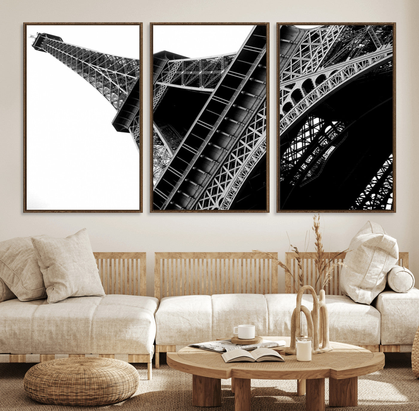 89033-MGV-FC-60X30-3P_Walnut-Eiffel Tower Wall Art – Dramatic Black and White Architectural Canvas Print, Modern Paris Decor for Office, Living Room or