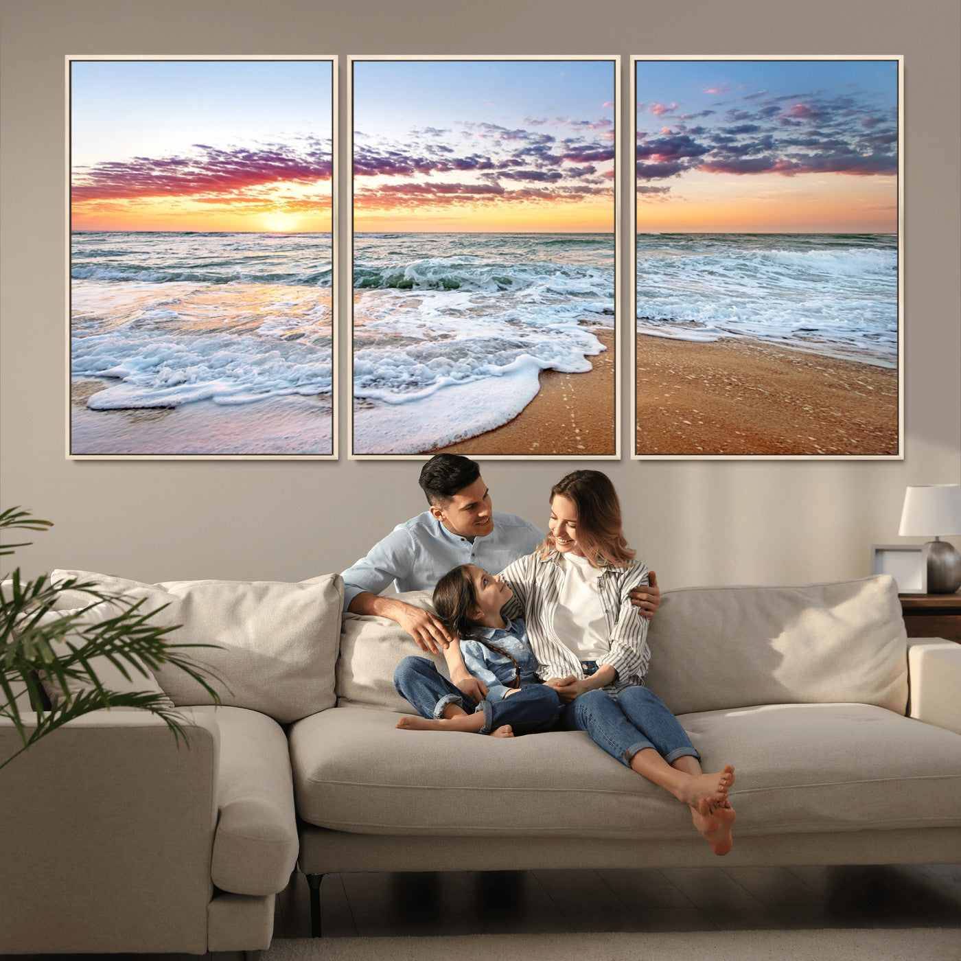 39560-MGV-CV-36X24-Sunrise Beach Wall Art – Vibrant Ocean Waves and Golden Sand Canvas Print, Seaside Coastal Decor for Living Room, Bedroom or