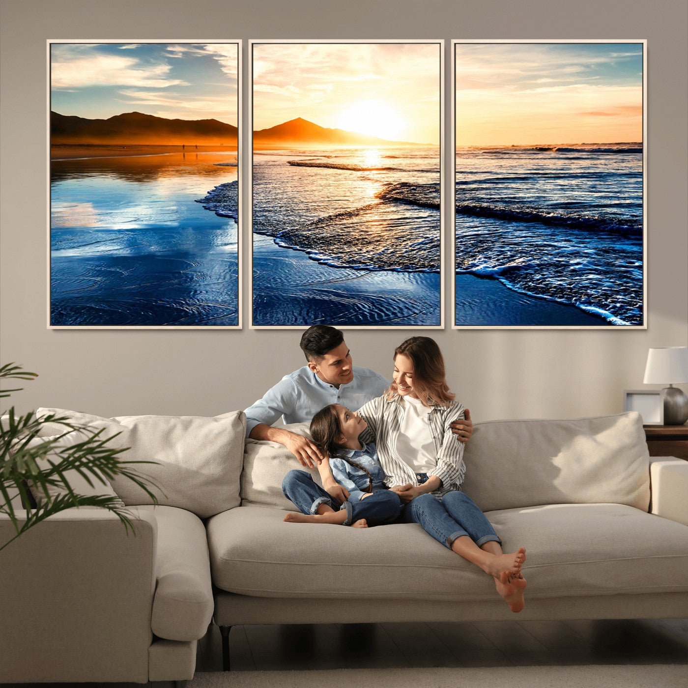 86173-MGV-CV-36X24-Golden Sunset Beach Wall Art – Reflective Ocean Canvas Print with Mountains and Waves, Coastal Nature Decor for Living Room,