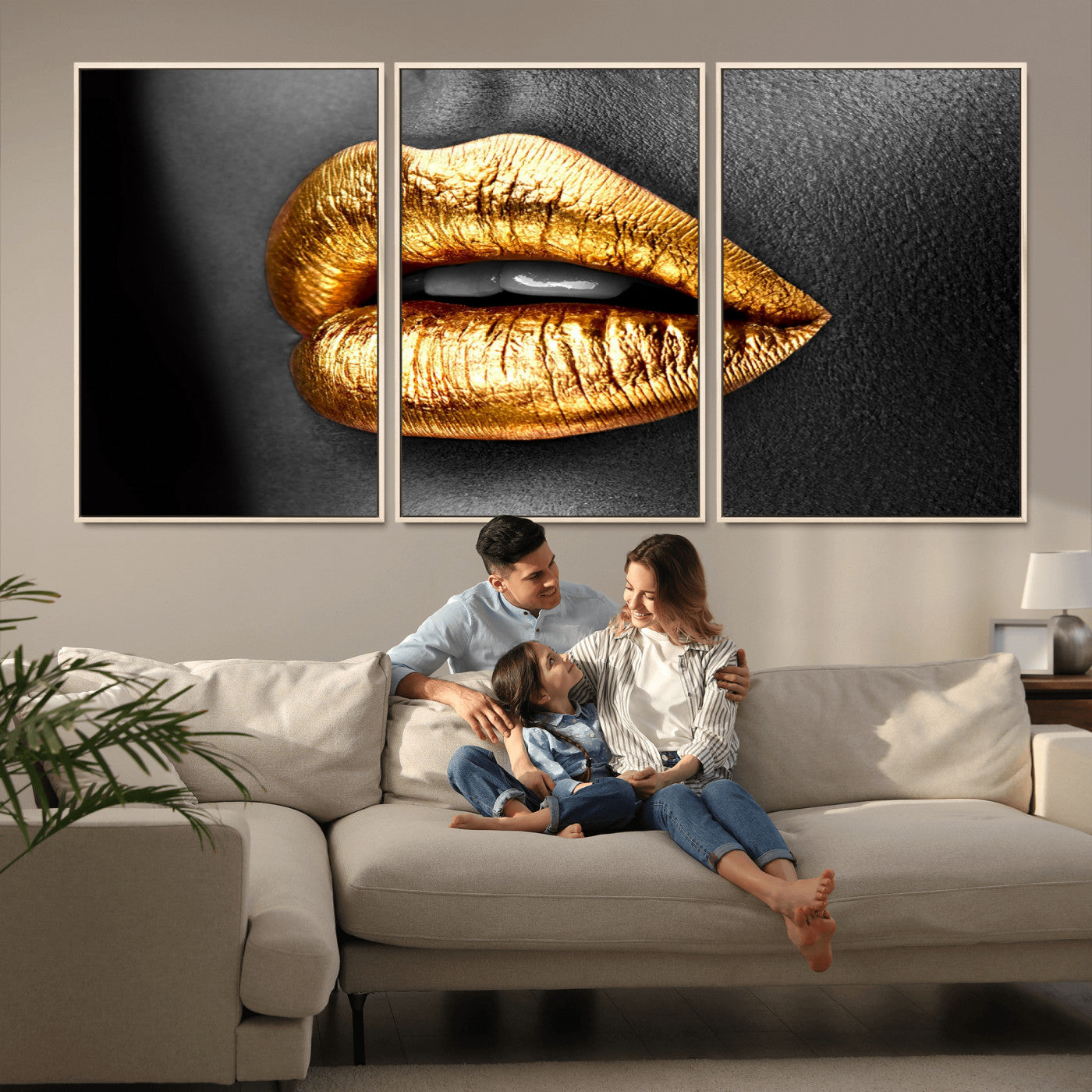 84747-MGV-CV-36X24-Golden Lips Black & White Portrait – Glamorous Metallic Lip Art Print, Modern Wall Decor for Bedroom, Beauty & Fashion Lover Gift