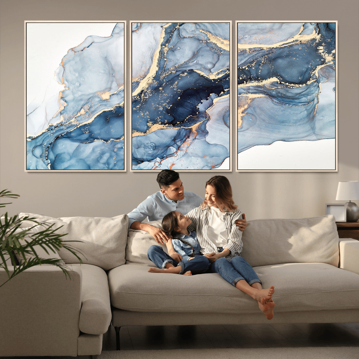 33782-MGV-CV-36X24-Abstract Marble Wall Art – Blue & Gold Fluid Painting Canvas Print, Modern Home Decor for Living Room, Bedroom or Office