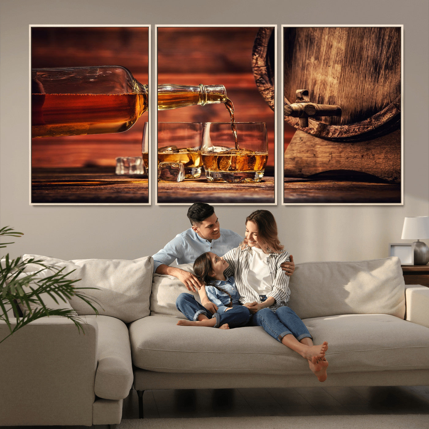 21266-MGV-CV-36X24-Pouring Whiskey into Glasses with Ice – Rustic Wooden Barrel Background, Warm Ambient Lighting, Ideal Decor for Home or Office