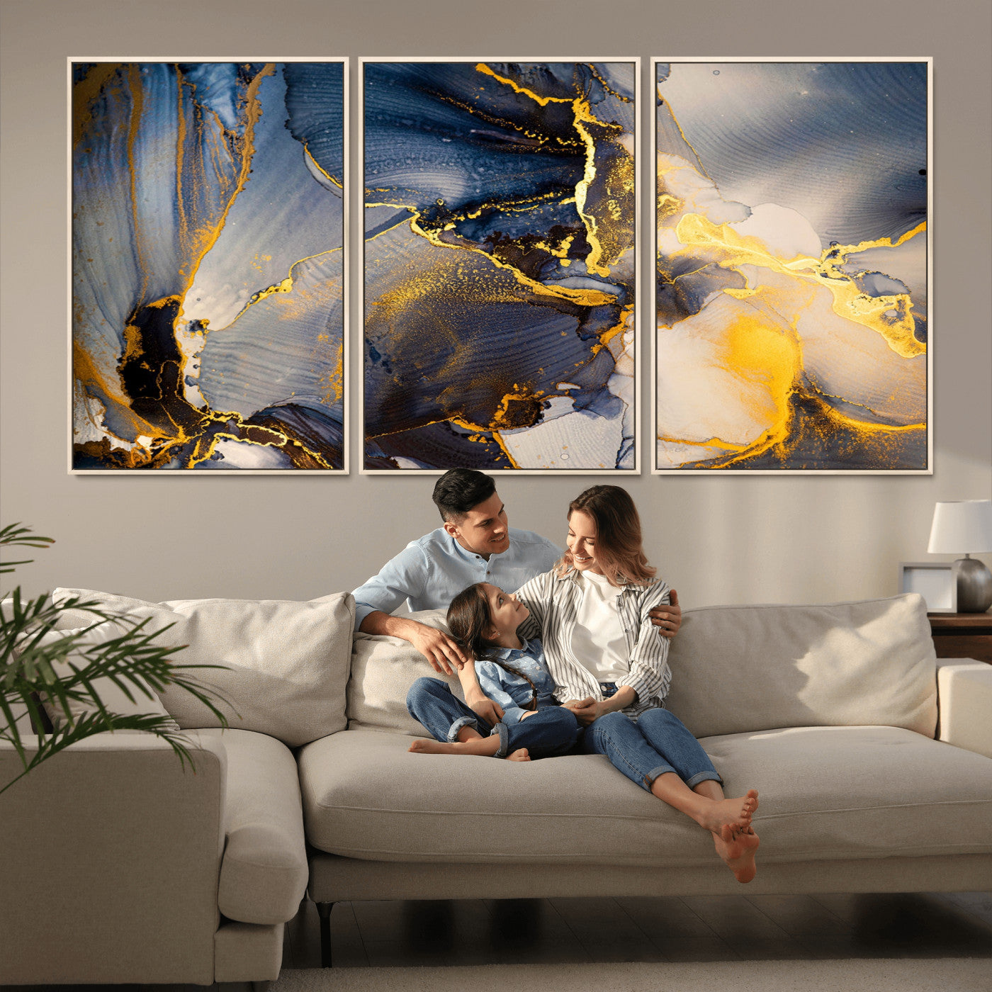 42100-MGV-CV-36X24-Golden Flow Abstract Wall Art – Panoramic Modern Blue and Gold Canvas Print, Contemporary Artistic Decor for Home, Office