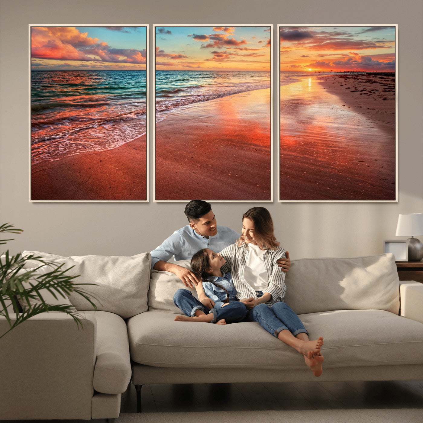 77723-MGV-FC-60X30-3P_Natural-Sunset Beach Wall Art – Vibrant Ocean Waves and Golden Horizon Canvas Print, Coastal Seascape Photography Home Decor