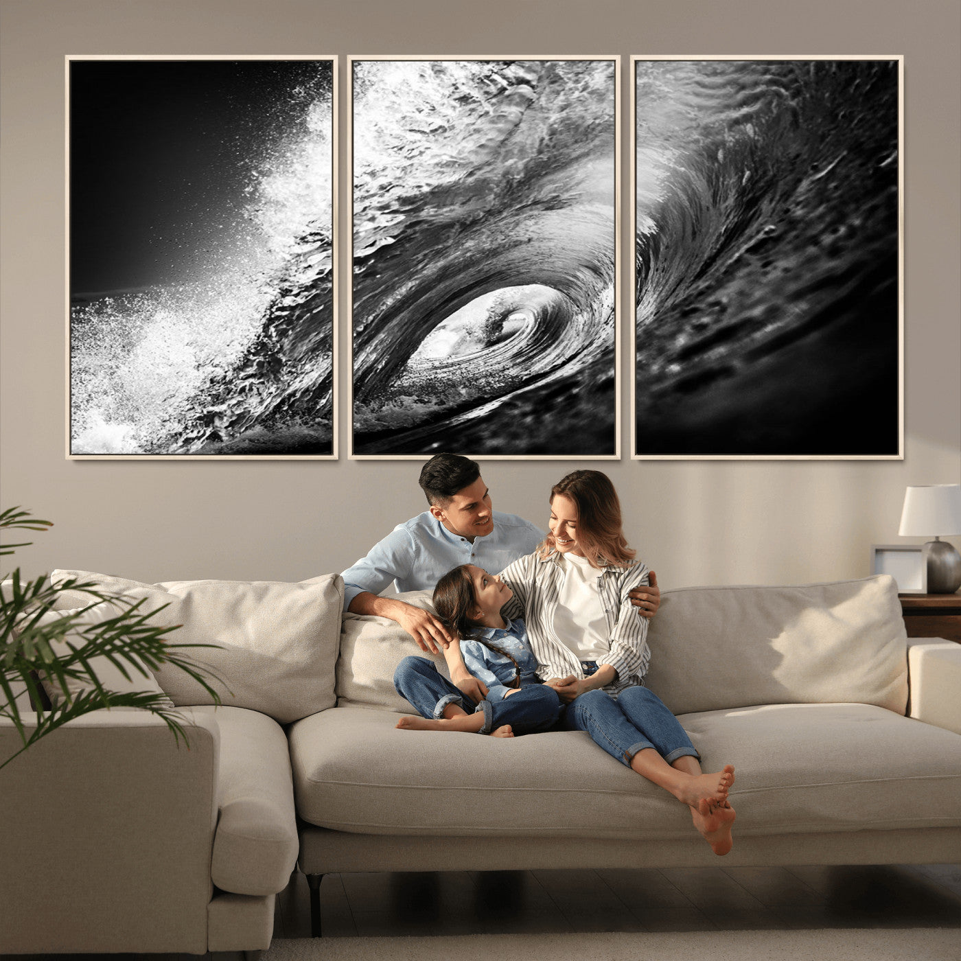 22702-MGV-FC-60X30-3P_Natural-Black and White Ocean Wave Wall Art – Powerful Surf Curl Photography Canvas Print, Modern Coastal Decor for Living Room, Office or