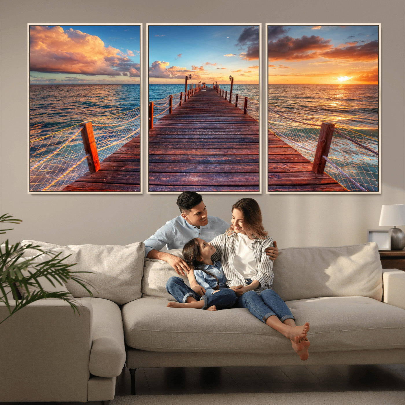 28836-MGV-FC-60X30-3P_Natural-Ocean Pier Sunset Wall Art – Wooden Dock and Golden Horizon Canvas Print, Coastal Seascape Photography for Living Room, Bedroom,