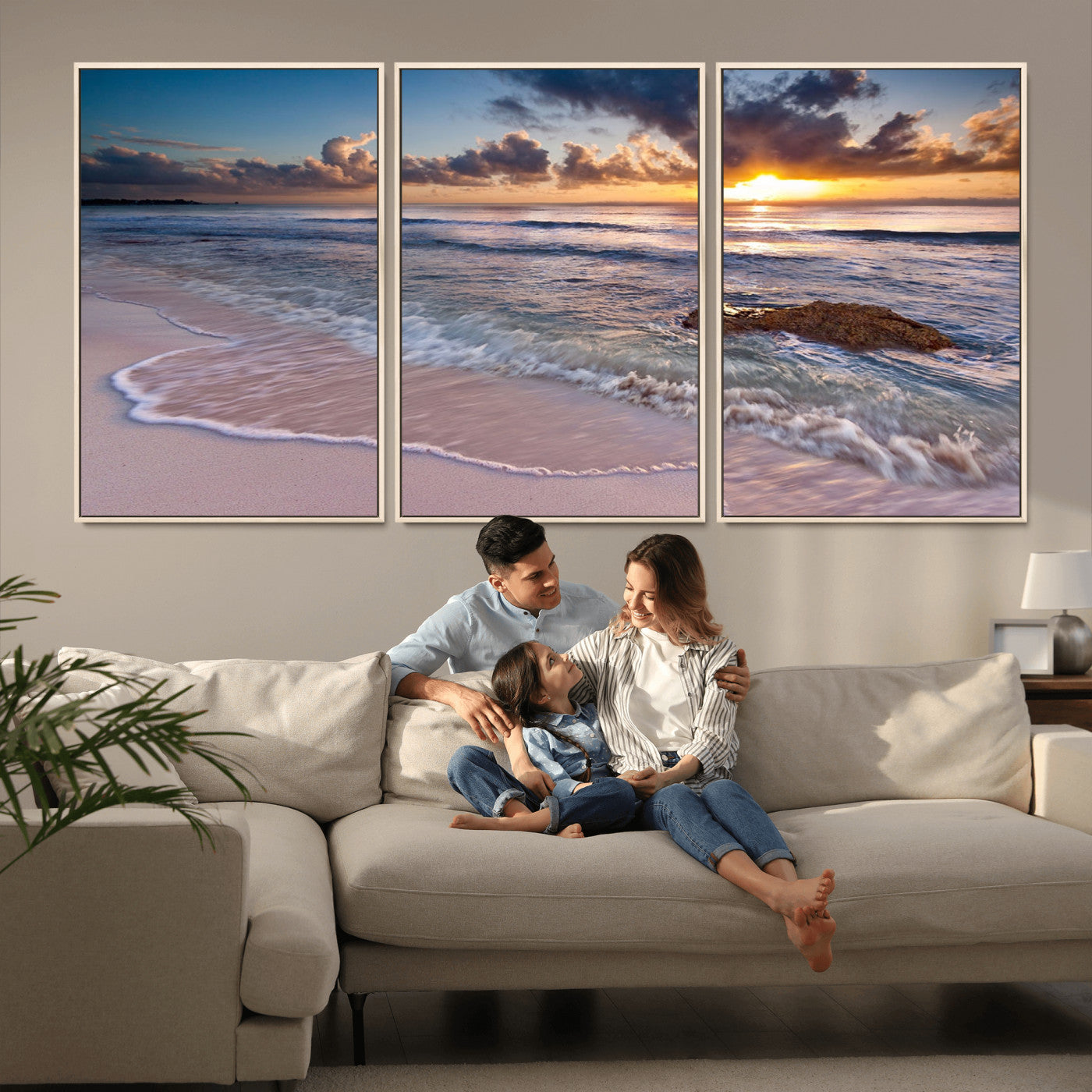 94906-MGV-FC-60X30-3P_Natural-Sunrise Beach Wall Art – Panoramic Ocean Waves Canvas Print, Coastal Sunset Seascape Artwork for Living Room, Bedroom, or Office