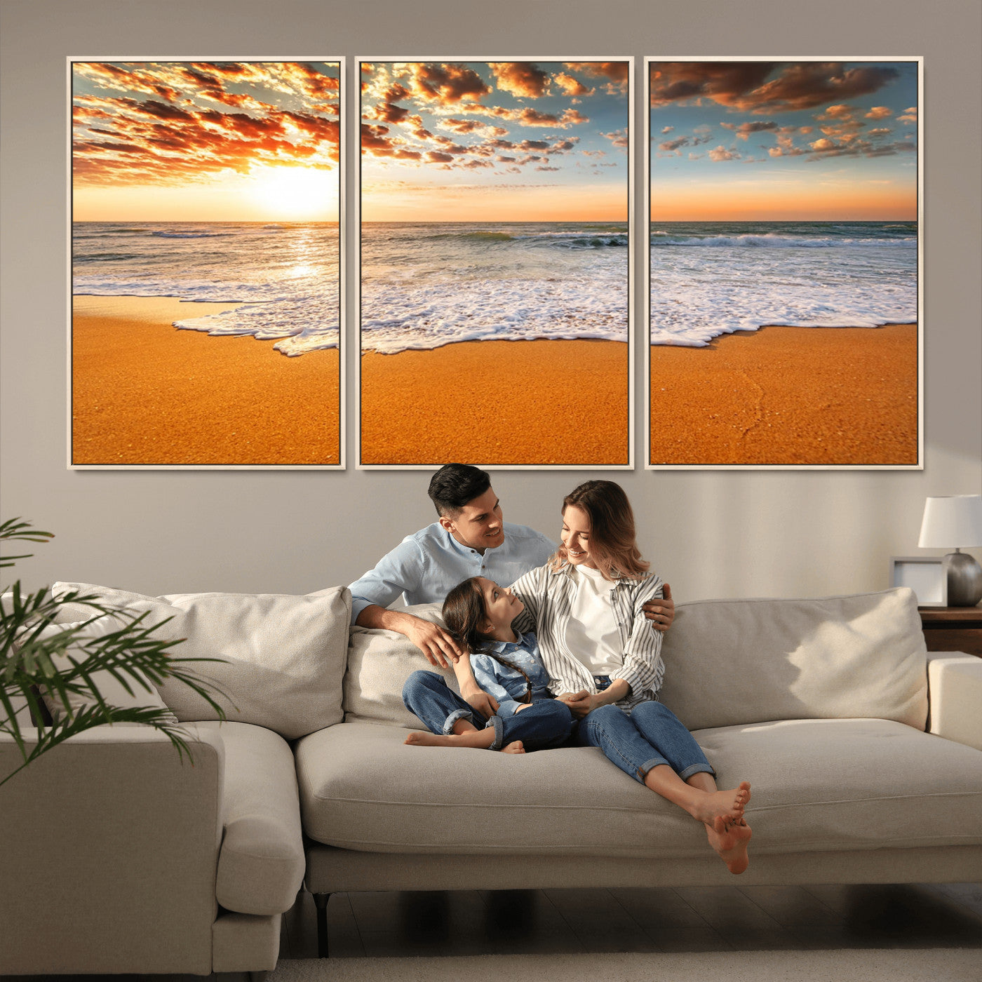 15399-MGV-FC-60X30-3P_Natural-Golden Sunrise Beach Wall Art – Ocean Waves on Sandy Shore Canvas Print, Coastal Seascape Decor for Living Room or Bedroom