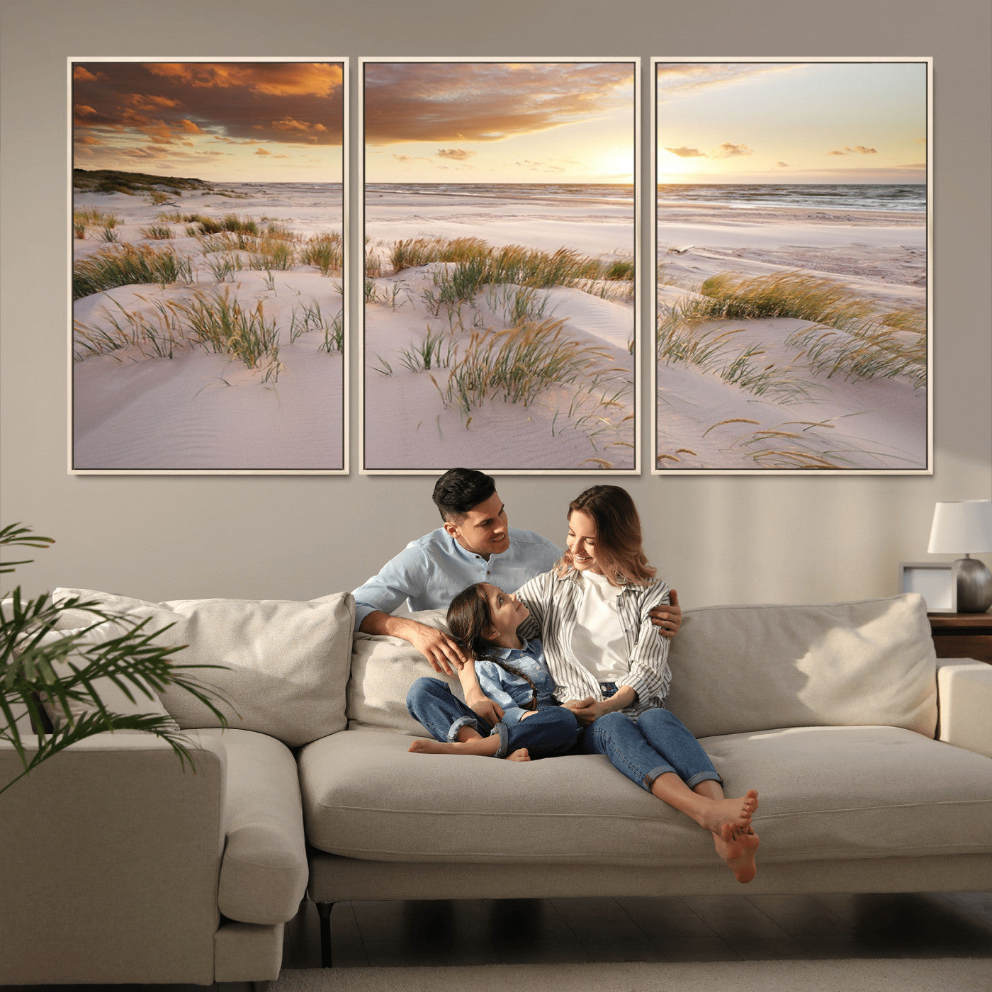 61246-MGV-FC-60X30-3P_Natural-Coastal Sand Dunes Wall Art – Serene Beach Sunset Canvas Print with Grasses and Ocean View, Tranquil Seaside Decor for Living Room