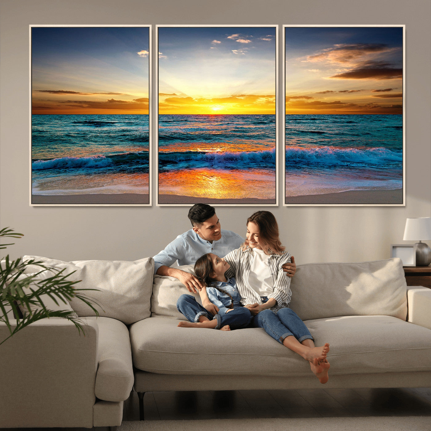 50627-MGV-FC-60X30-3P_Natural-Ocean Sunset Wall Art – Serene Beach Canvas Print with Waves and Golden Sky, Coastal Decor for Living Room or Office