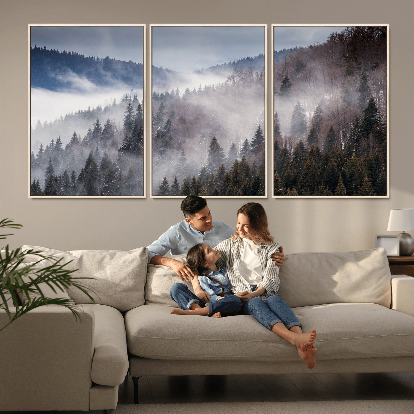 18459-MGV-FC-60X30-3P_Natural-Misty Pine Forest Wall Art – Serene Mountain Landscape Canvas Print, Tranquil Nature Artwork for Living Room, Bedroom, Cabin or