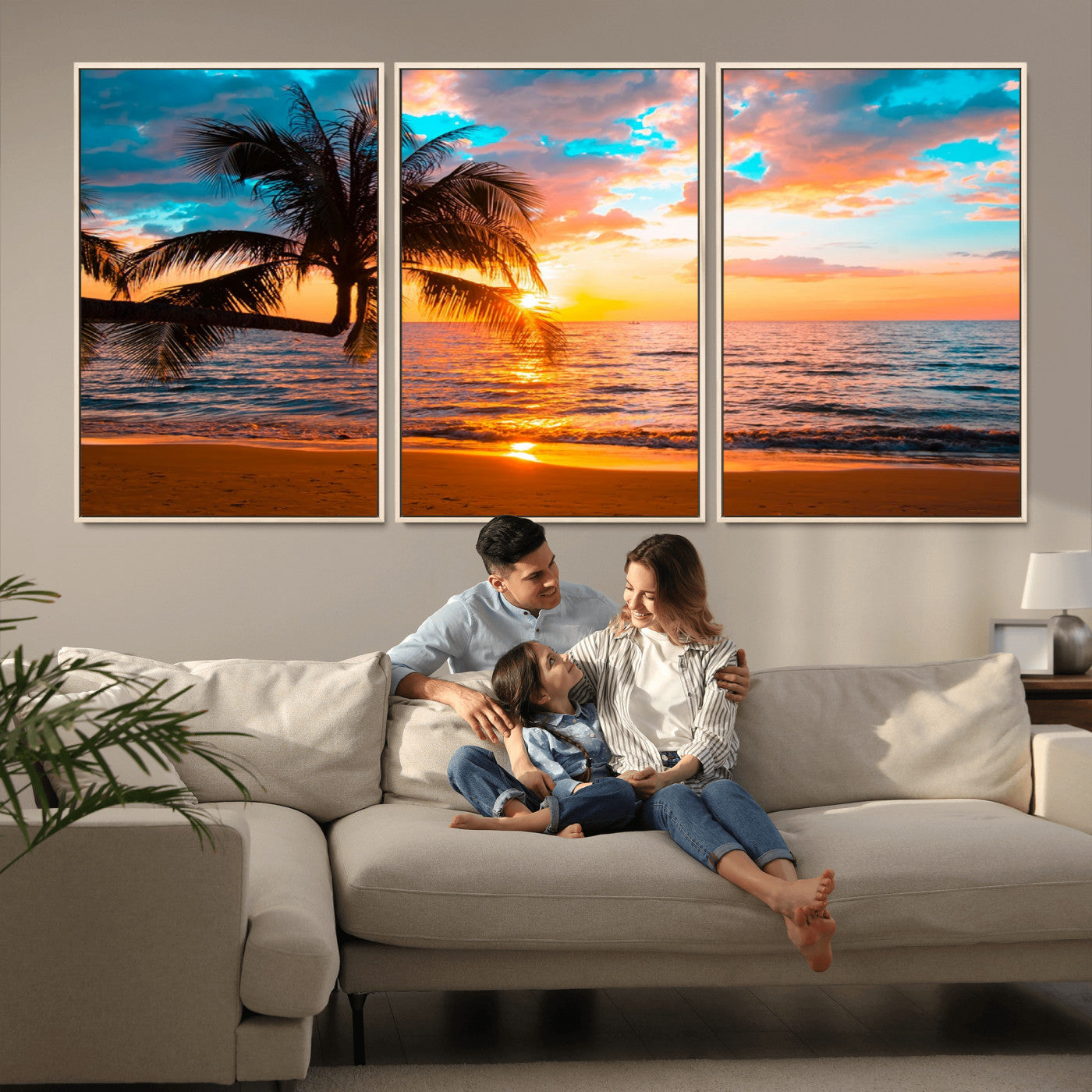 34674-MGV-FC-60X30-3P_Natural-Tropical Sunset Beach Wall Art – Palm Tree Ocean Canvas Print, Coastal Seascape Decor for Living Room or Office Wall