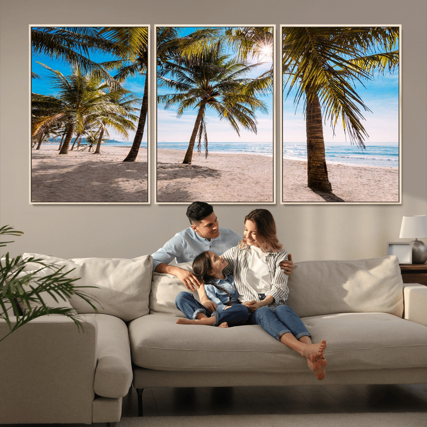 98175-MGV-FC-60X30-3P_Natural-Tropical Palm Beach Wall Art – Relaxing Ocean Shore Canvas Print with Palm Trees, Coastal Summer Decor for Living Room, Bedroom or
