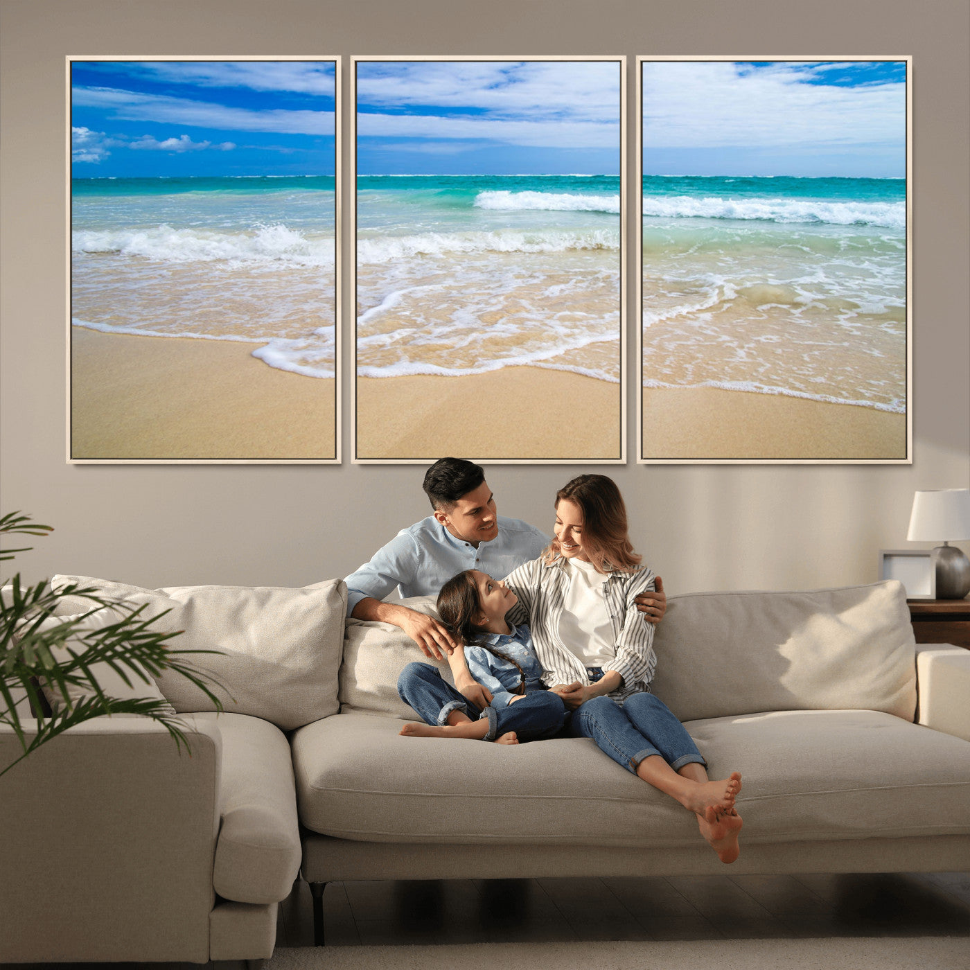 20660-MGV-FC-60X30-3P_Natural-Ocean Wave Beach Wall Art – Serene Blue Sea and Sandy Shore Canvas Print, Coastal Landscape Photography Decor for Living Room or