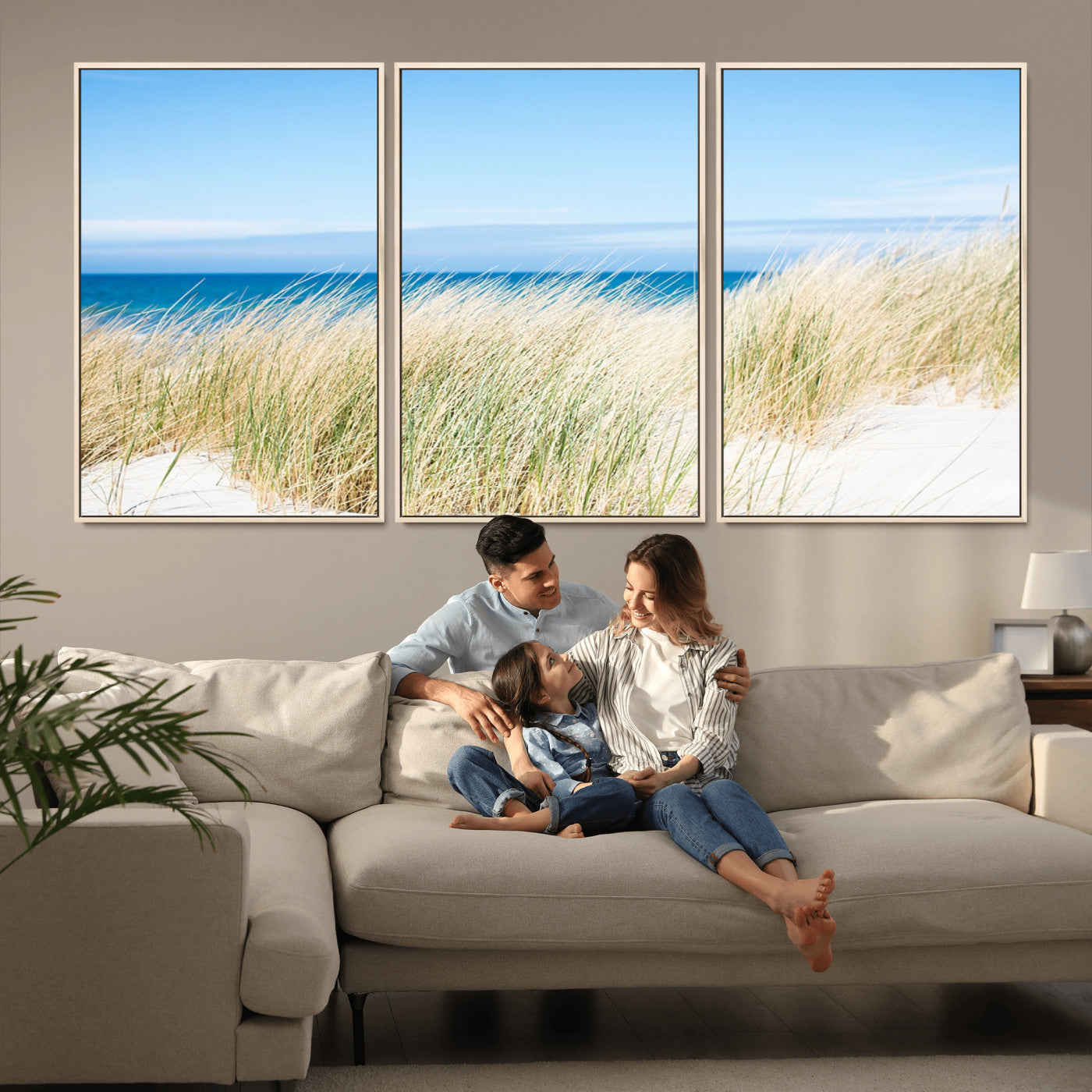 96913-MGV-FC-60X30-3P_Natural-Coastal Dunes Wall Art – Serene Beach Grass and Blue Ocean Canvas Print, Relaxing Seaside Nature Decor for Living Room, Bedroom or