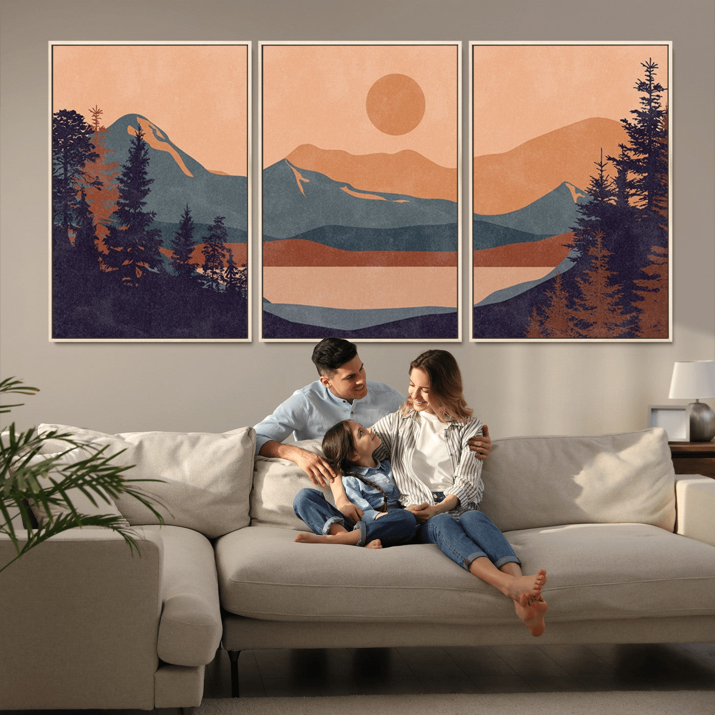 62795-MGV-CV-36X24-Minimalist Mountain Landscape Wall Art – Abstract Sunset Over Peaks and Pine Trees Canvas Print, Modern Nature Decor for Living