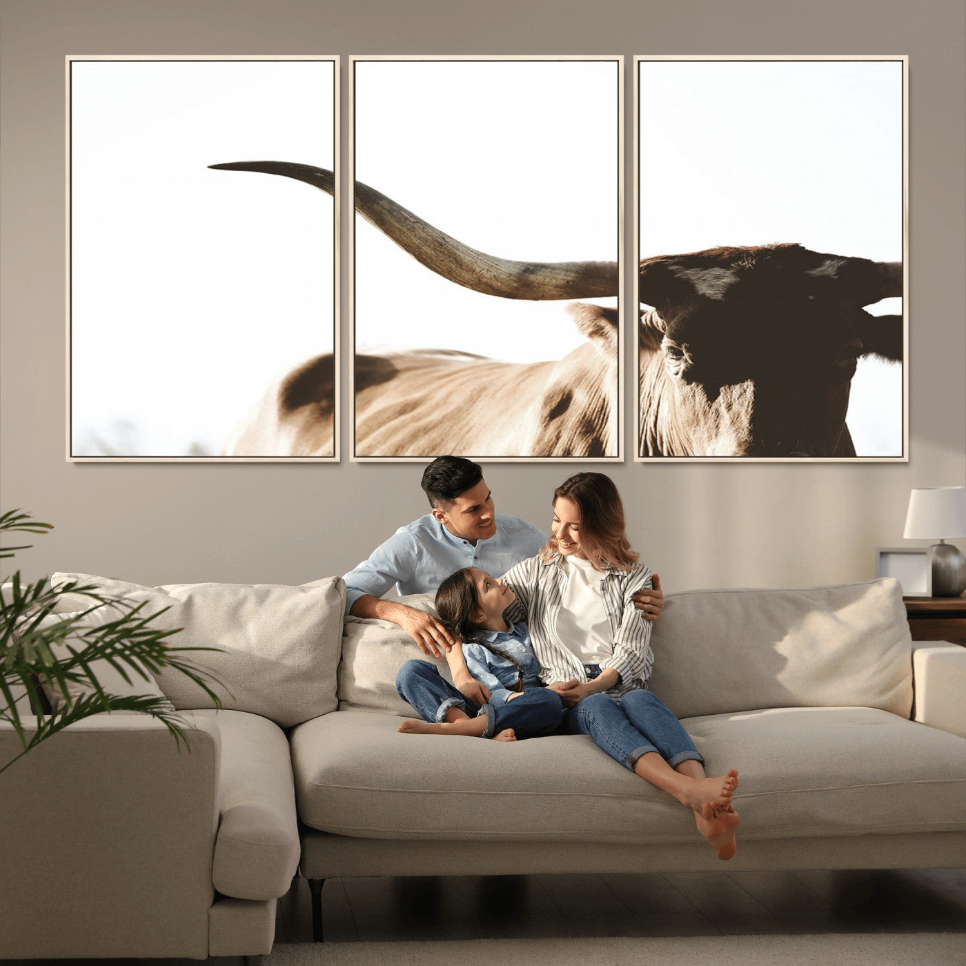 35866-MGV-FC-60X30-3P_Natural-Texas Longhorn Wall Art – Rustic Western Bull Canvas Print, Farmhouse Animal Photography Decor for Living Room, Office, or Ranch