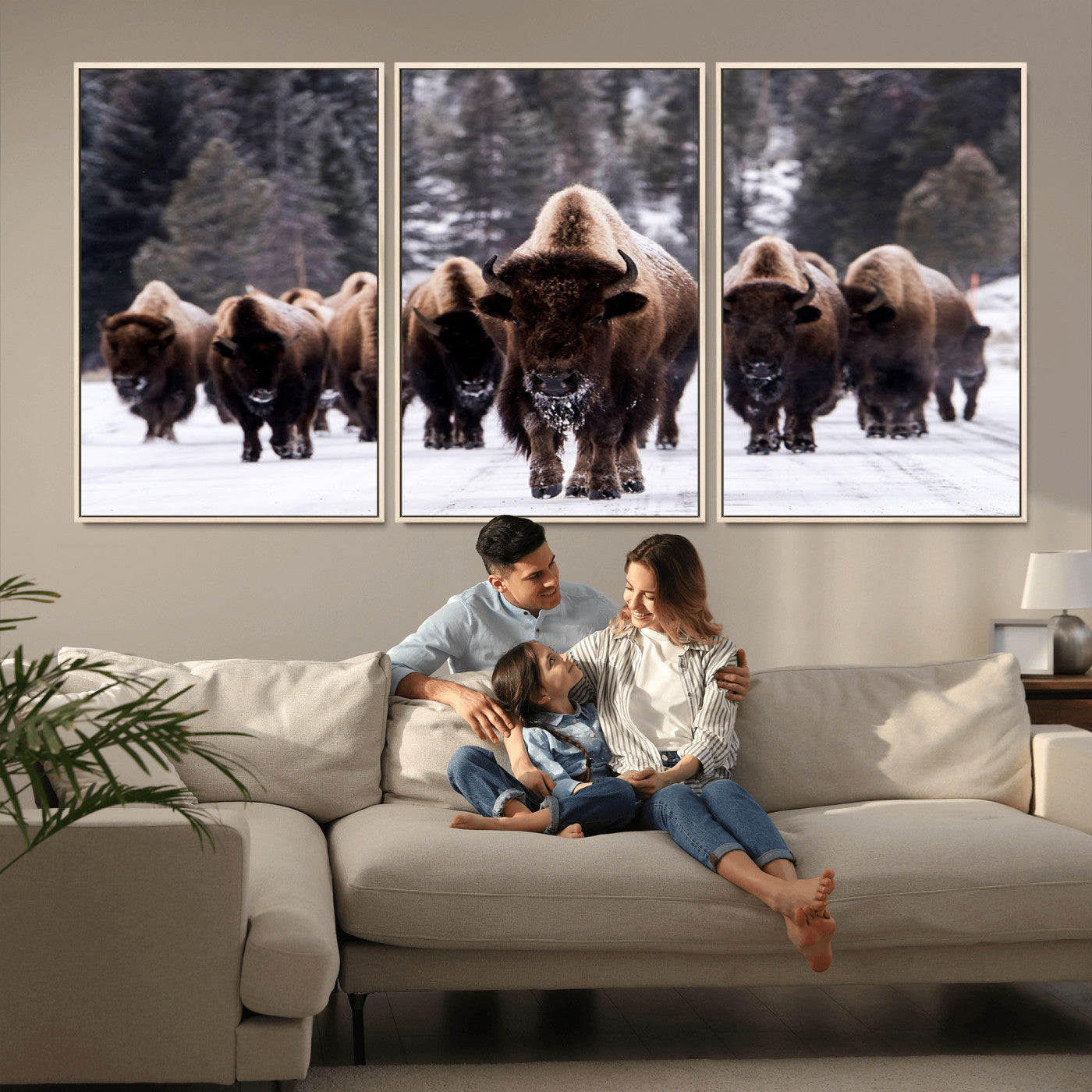 66871-MGV-FC-60X30-3P_Natural-Bison Herd Wall Art – Wildlife Buffalo Canvas Print, Rustic Western Nature Photography Decor for Living Room, Office, Cabin, or