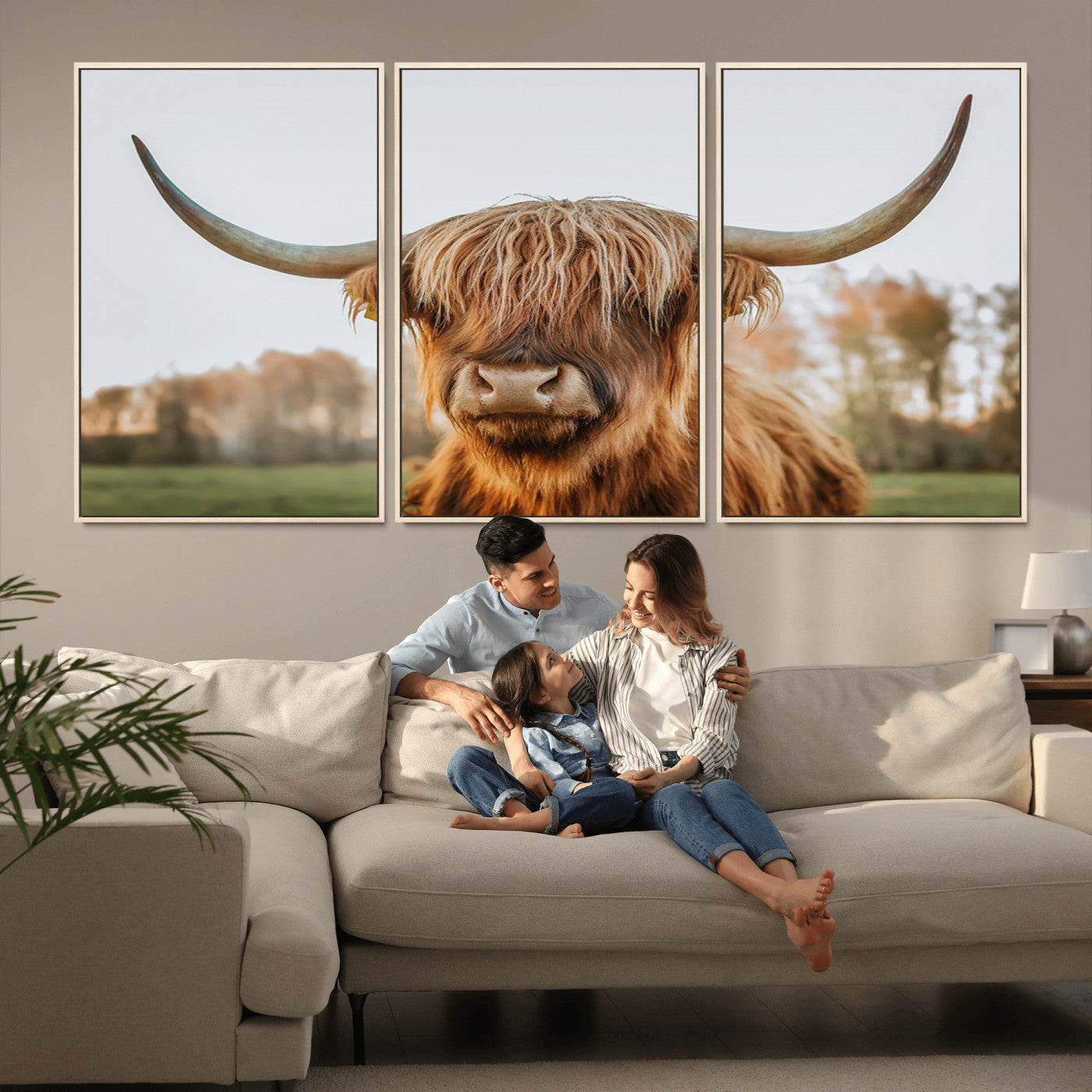 64824-MGV-FC-60X30-3P_Natural-Highland Cow Wall Art – Rustic Scottish Bull Canvas Print, Farmhouse Animal Decor for Living Room, Bedroom, Office or Cabin