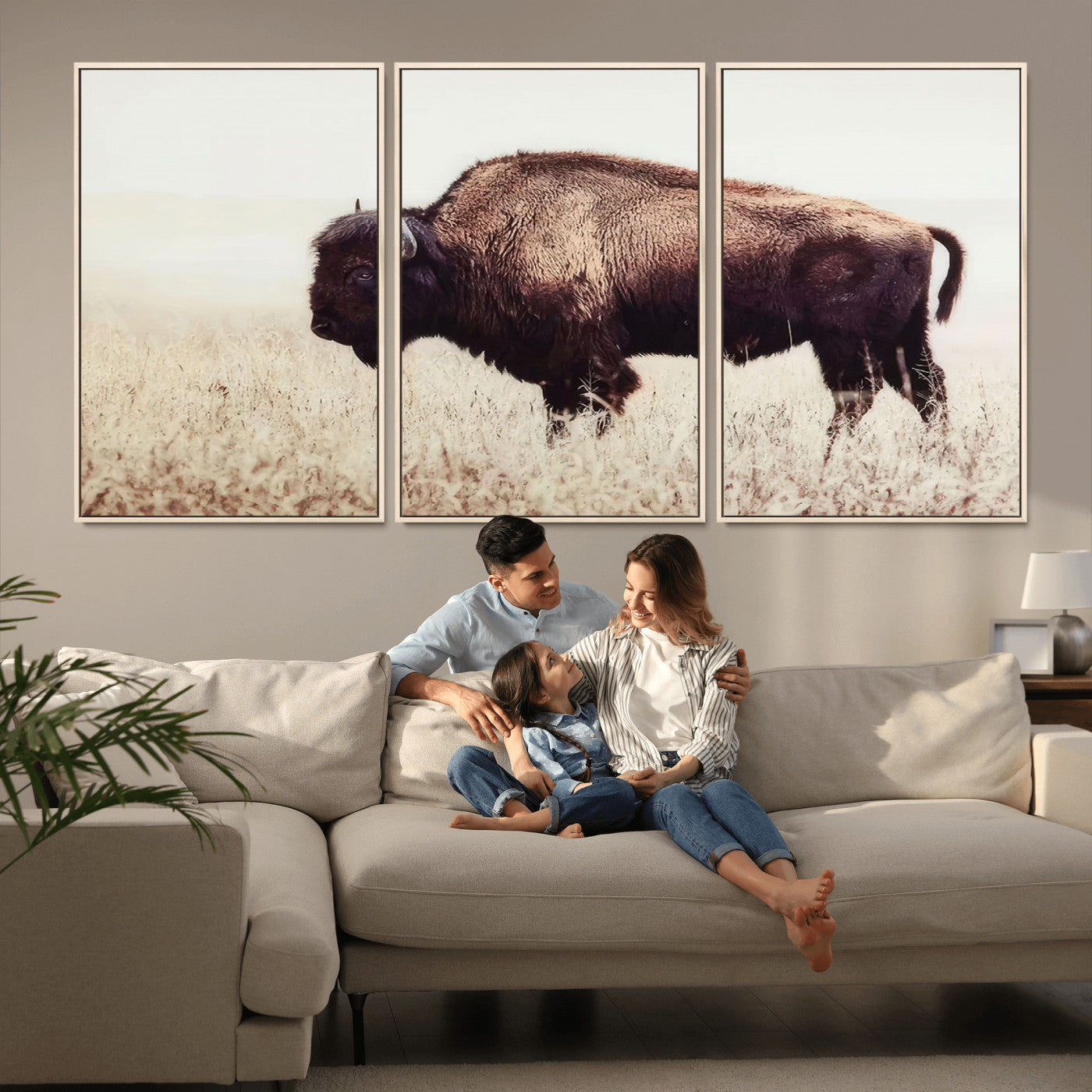 48406-MGV-FC-60X30-3P_Natural-American Bison Wall Art – Rustic Buffalo Canvas Print in Prairie Field, Western Wildlife Photography Decor for Cabin, Lodge,