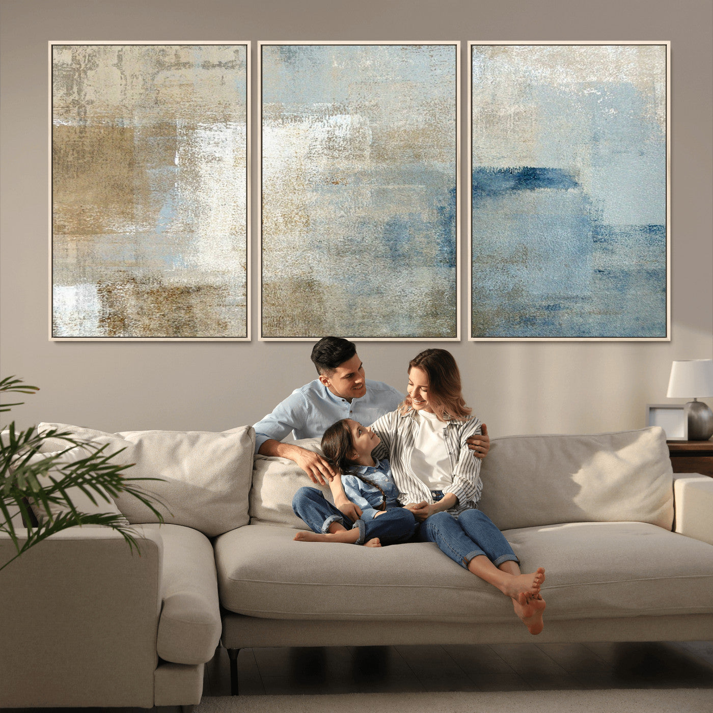 38126-MGV-FC-60X30-3P_Natural-Neutral Abstract Wall Art – Modern Beige and Blue Canvas Print and Minimalist Textured Painting for Living Room, Bedroom or Office