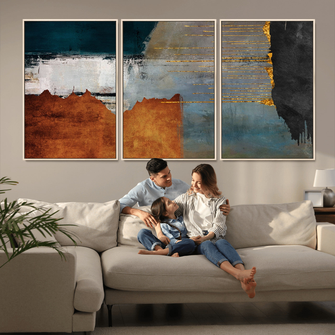 35026-MGV-FC-60X30-3P_Natural-Abstract Canvas Wall Art – Modern Teal, Rust, Black and Gold Textured Painting, Contemporary Decor for Living Room, Bedroom