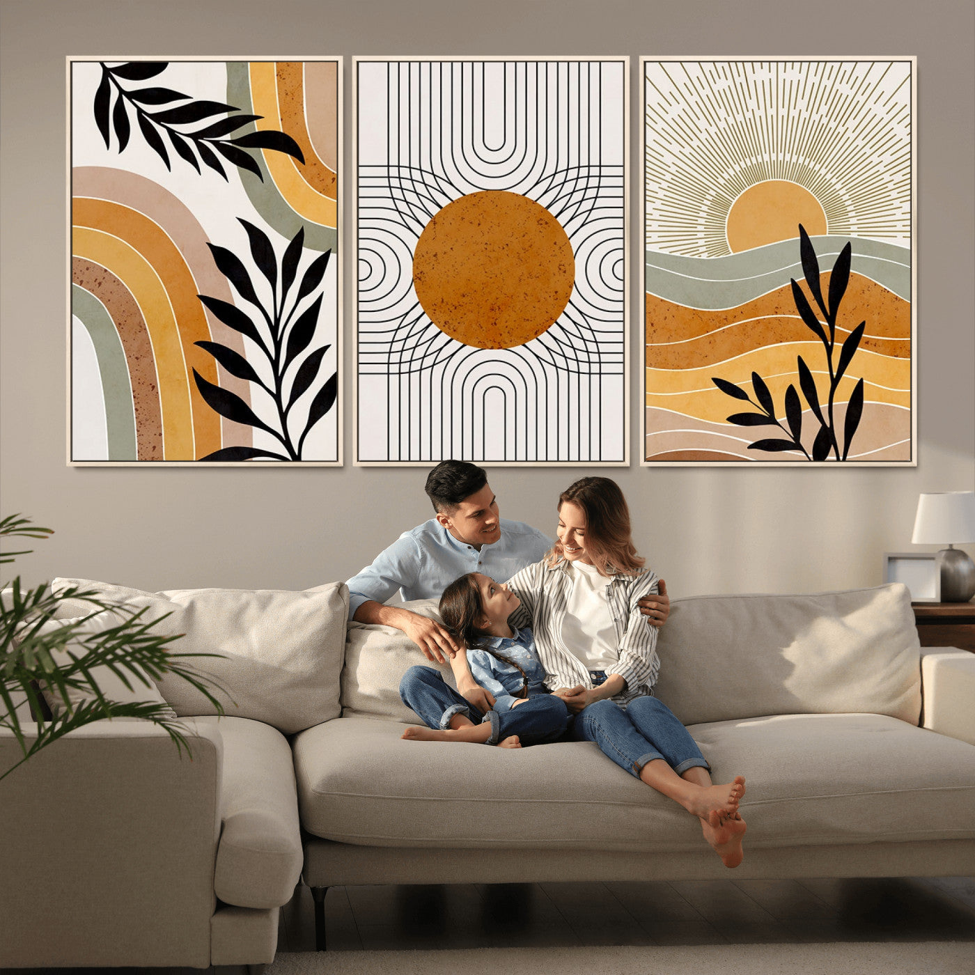 44668-MGV-CV-60X30-3P-Mid Century Modern Wall Art – Abstract Sun and Rainbow Canvas Print, Minimalist Geometric Boho Decor for Living Room, Bedroom or