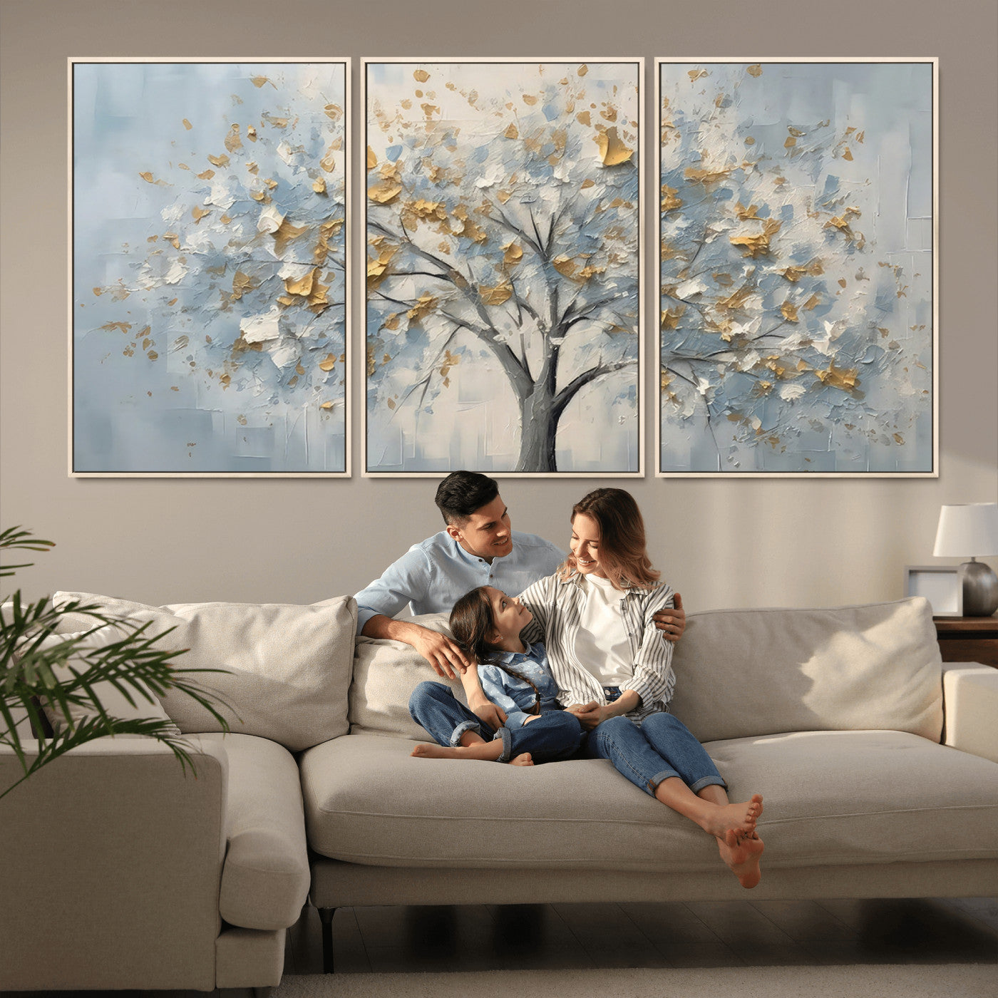 65811-MGV-FC-60X30-3P_Natural-Abstract Tree Wall Art – Textured Canvas Painting with Gold and White Leaves, Modern Nature Inspired Decor for Living Room or