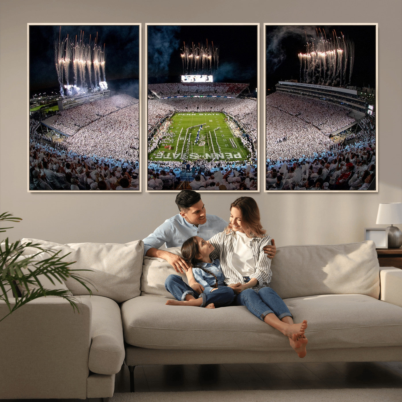 11391-MGV-FC-60X30-3P_Natural-Penn State Stadium Wall Art – Panoramic White Out Football Game Canvas Print, College Sports Decor for Office, Man Cave, or Living
